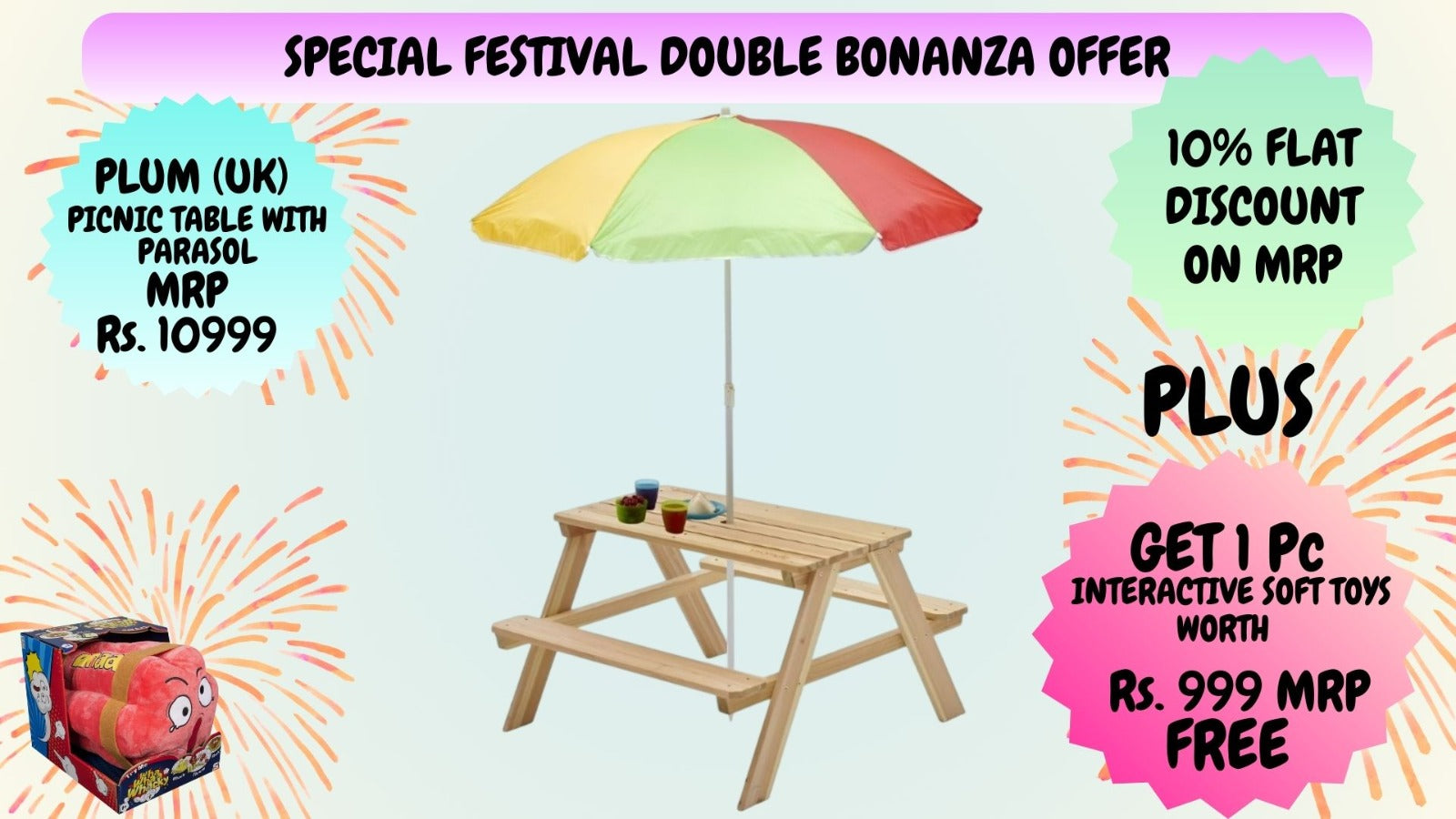 Rectangular Picnic table with Parasol - Natural