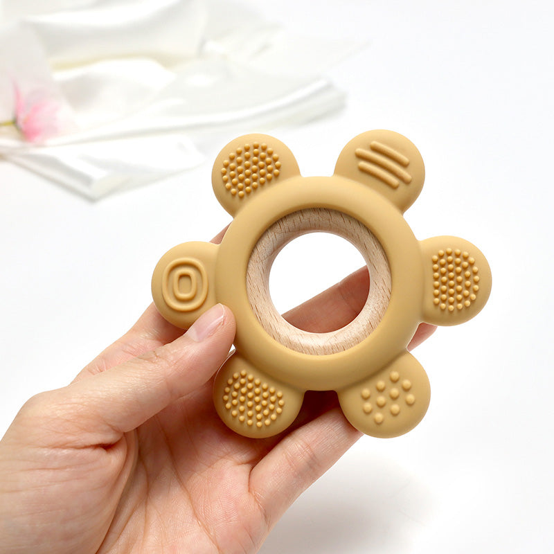 Wooden Flower Teether in Assorted Colours, Baby Teething Toys Silicone Teethers BPA Free Silicone Rudder with Wooden Ring Soothe Babies Gums