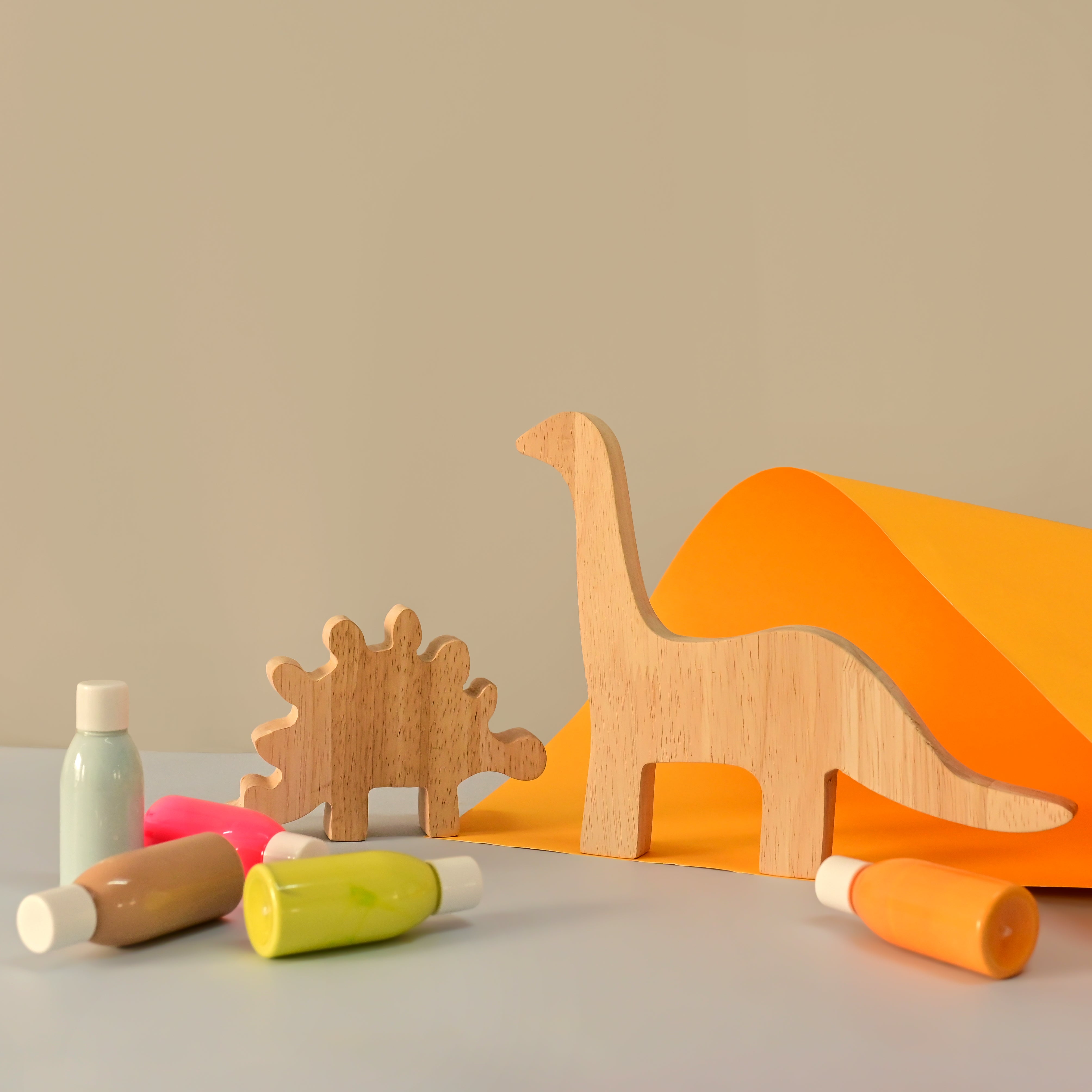 DIY Kit-Dino Set of 2- 2 Wooden Dinosaurs, 5 Color Bottles, 2 Paint Brush, 2 Sponge Brush with different size