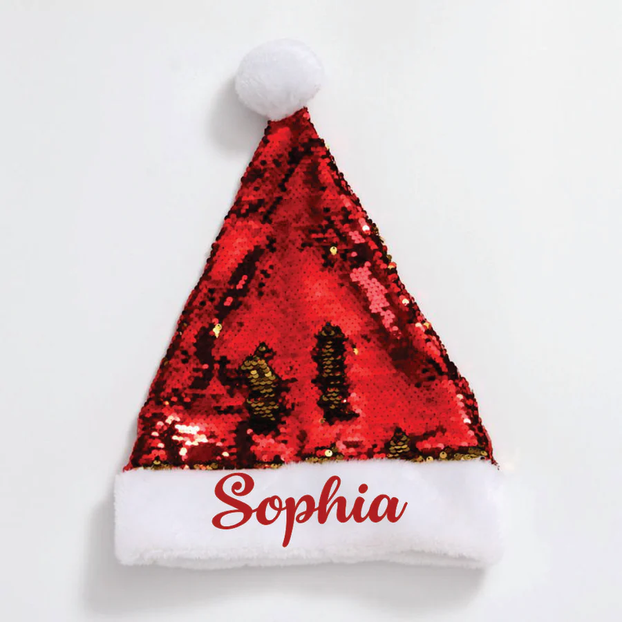 Personalised Sequins Santa Caps - Red and Gold