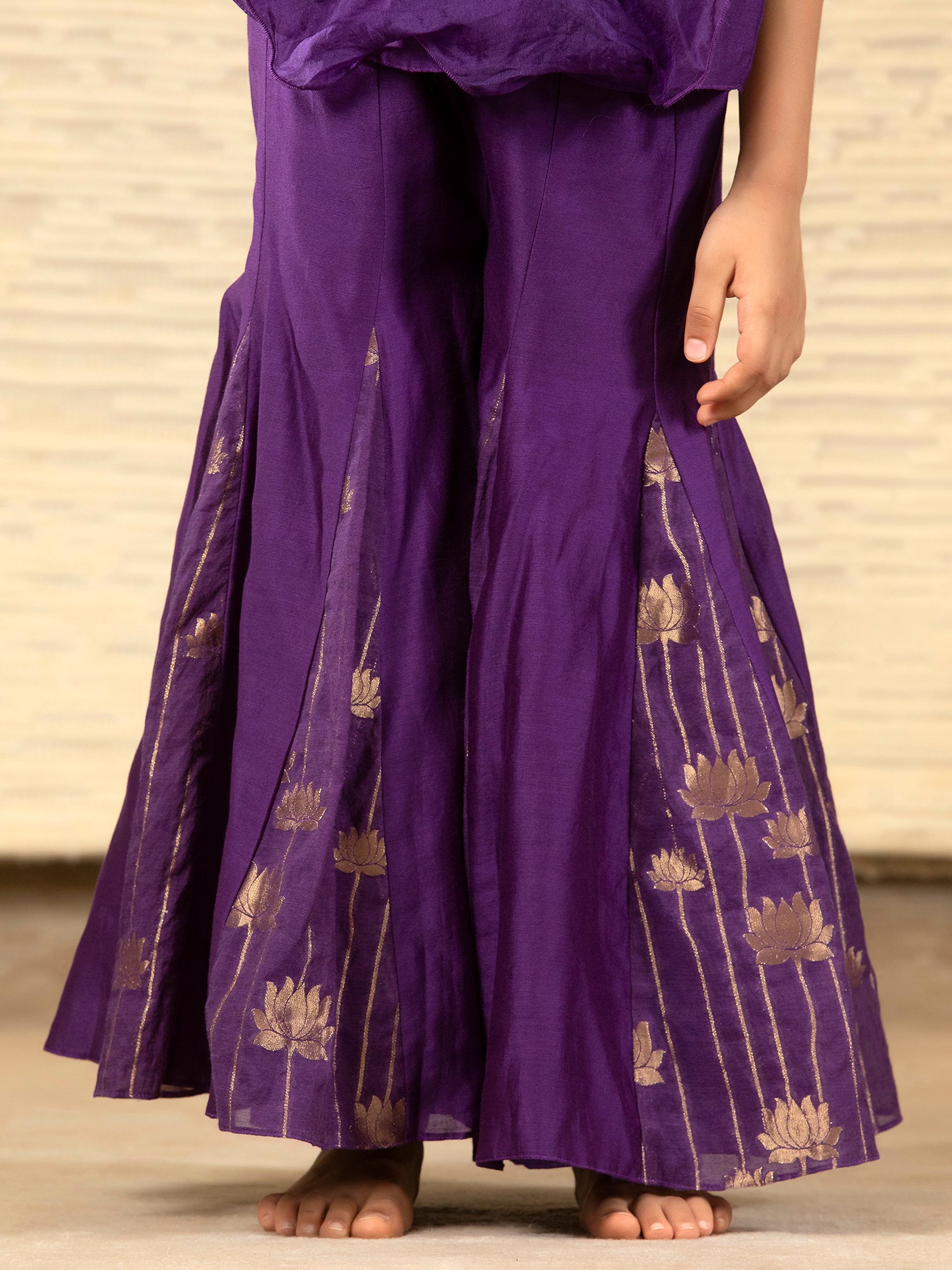 Purple Designer Chanderi Ethnic Top with Flared Pants for - Girls