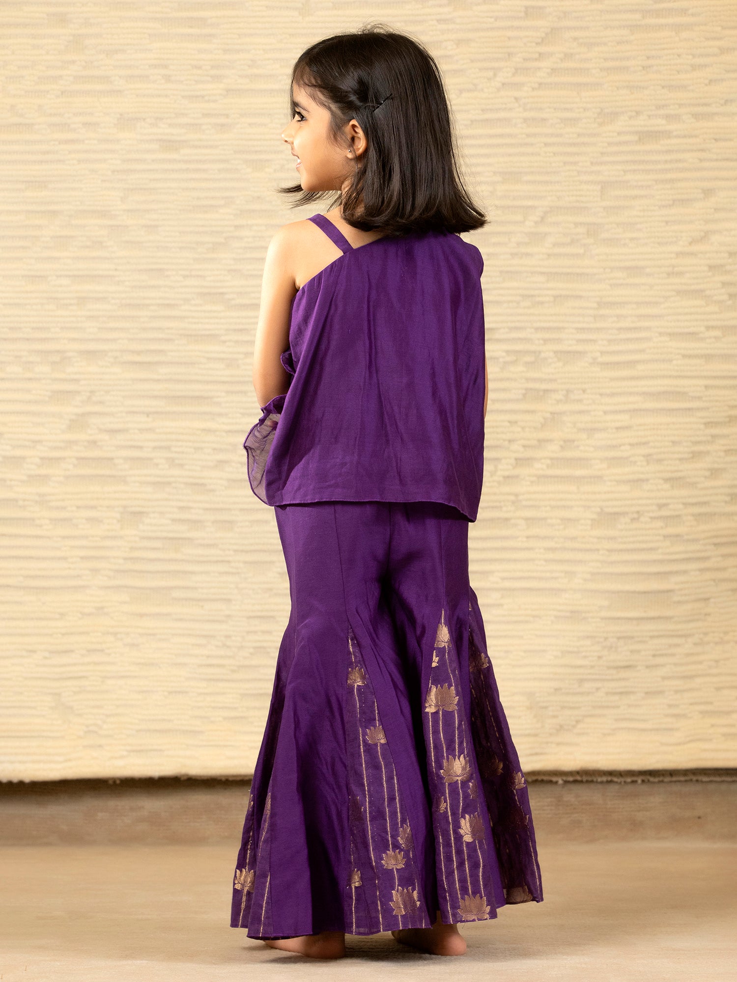 Purple Designer Chanderi Ethnic Top with Flared Pants for - Girls