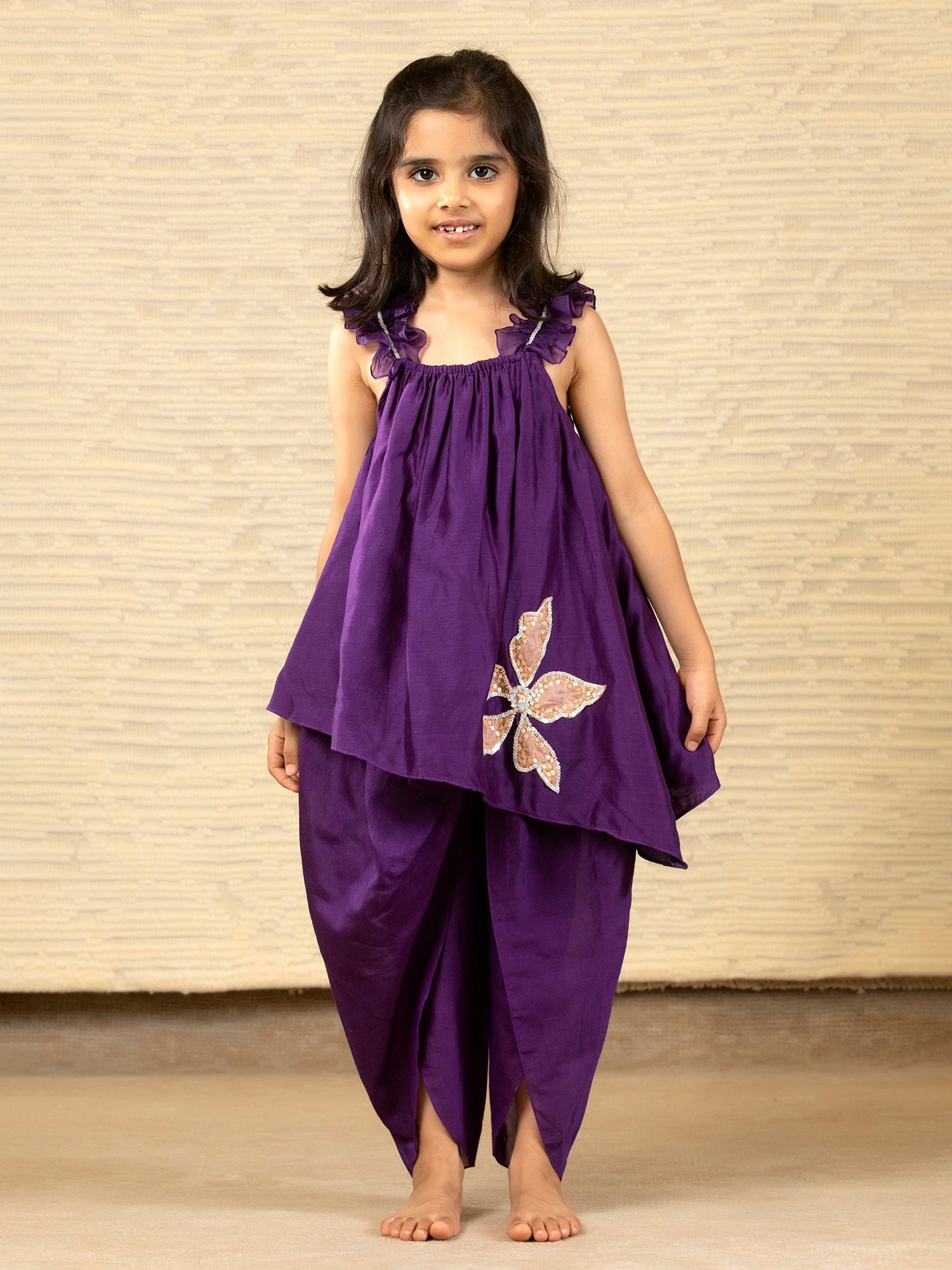 Purple - Designer Chanderi Ethnic Top with Dhoti for - Girls