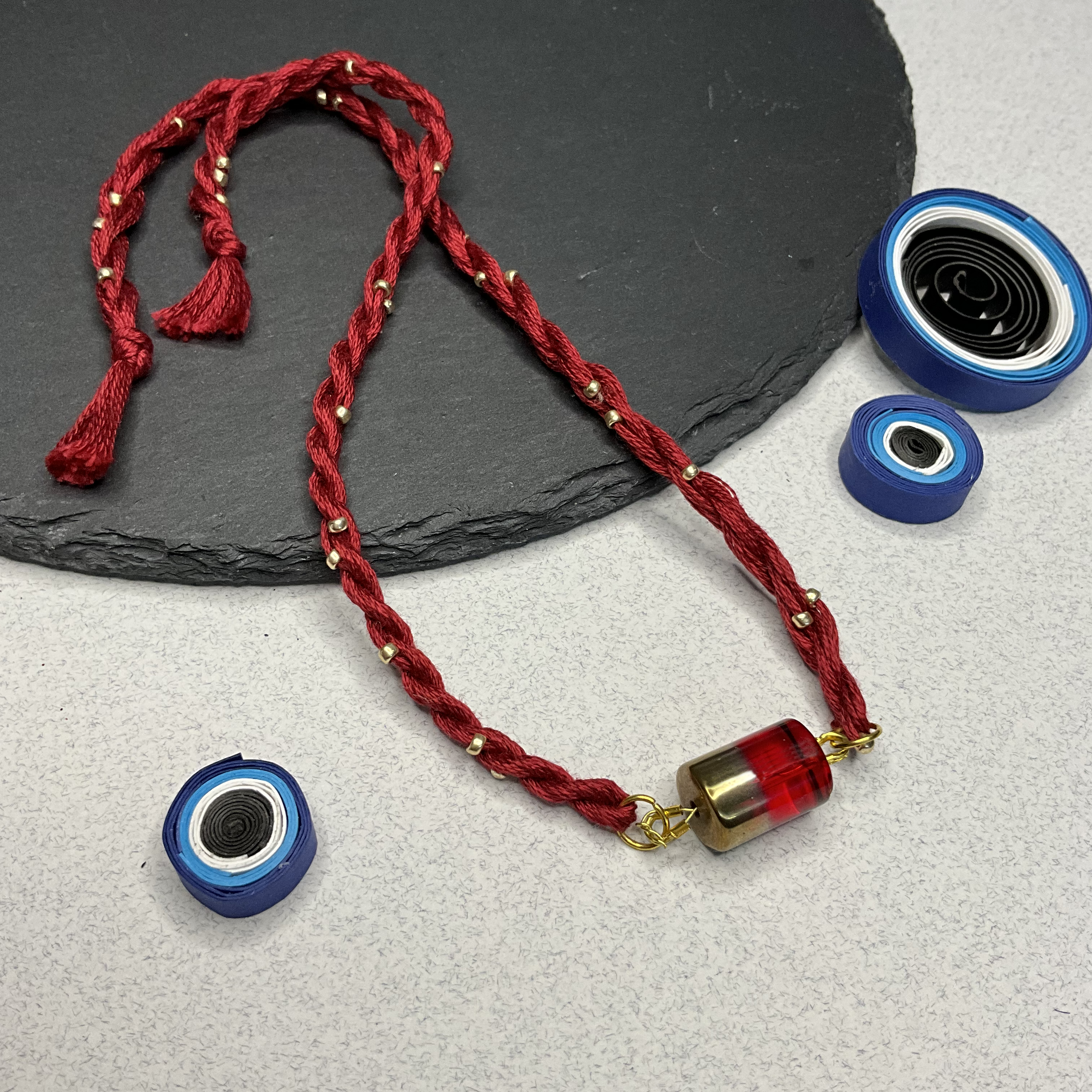 Red Stone Beaded Thread Rakhi