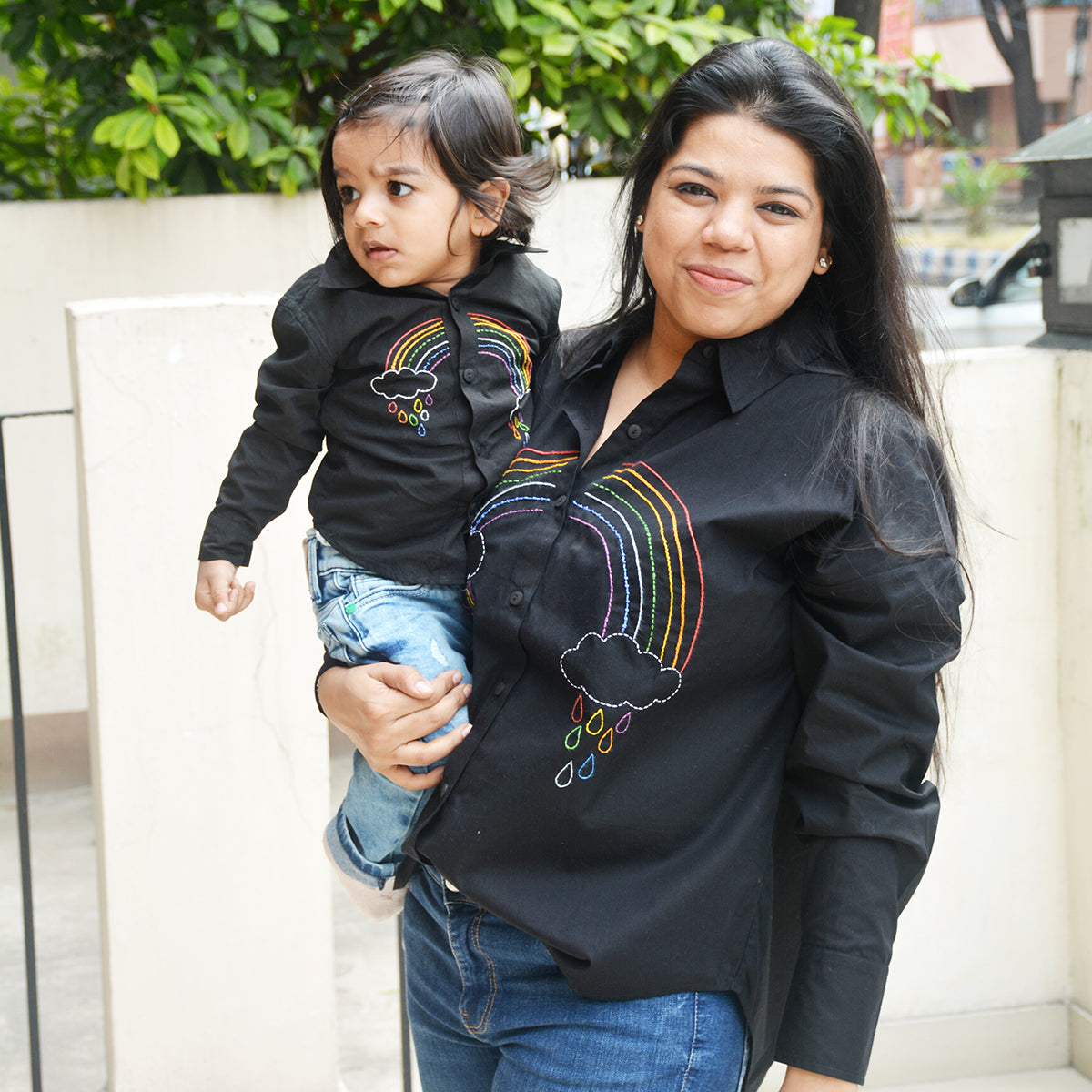 Rainbow Embroidered Shirt for Women - Black