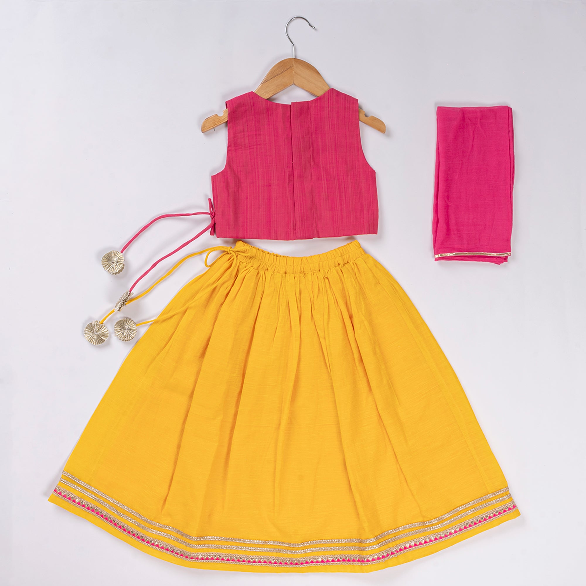 Rani Pink & Yellow Lehenga Set with Dupatta - Ethnic Wear