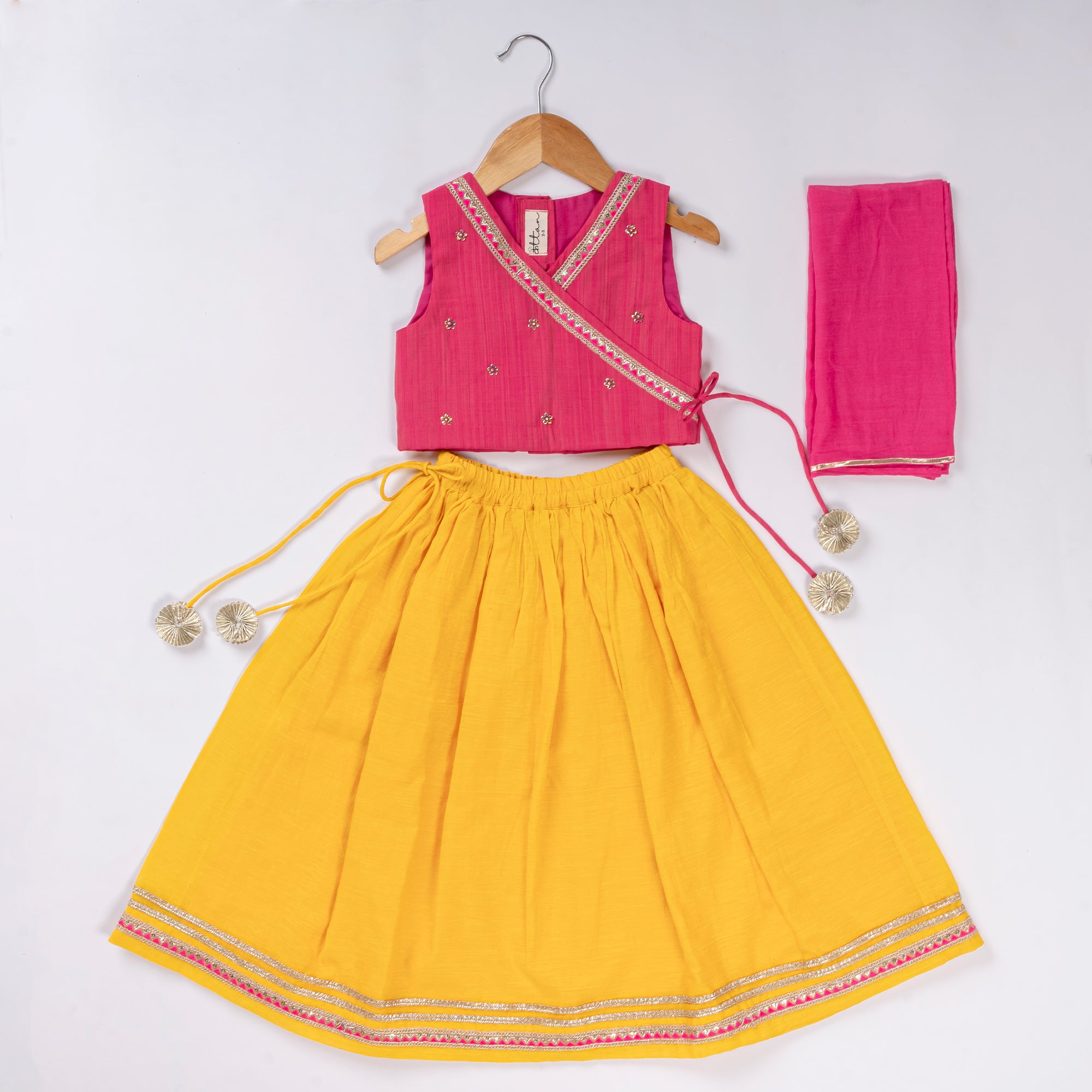 Rani Pink & Yellow Lehenga Set with Dupatta - Ethnic Wear