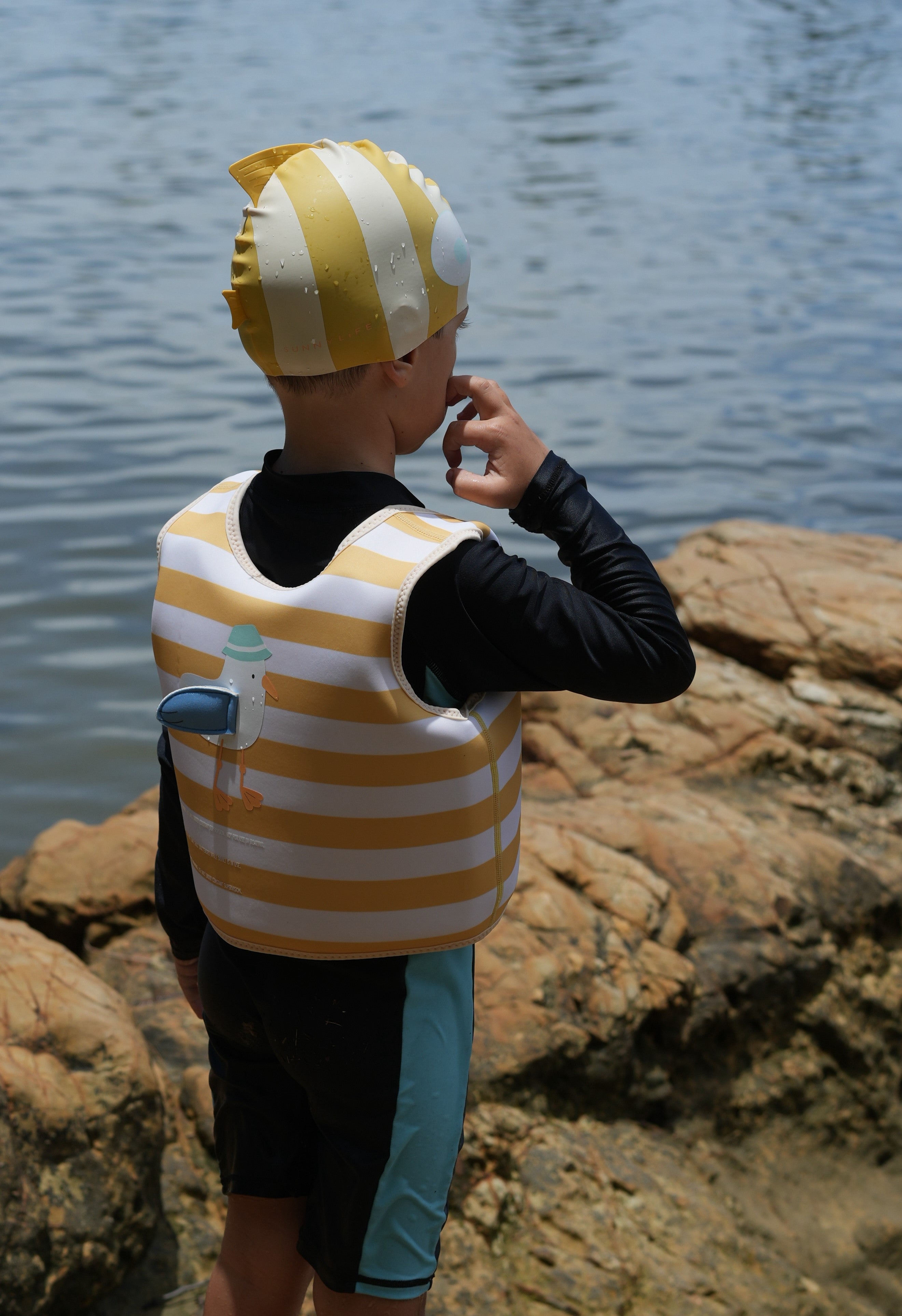 Kids Swimming Cap Finn the Fish Mustard Stripe