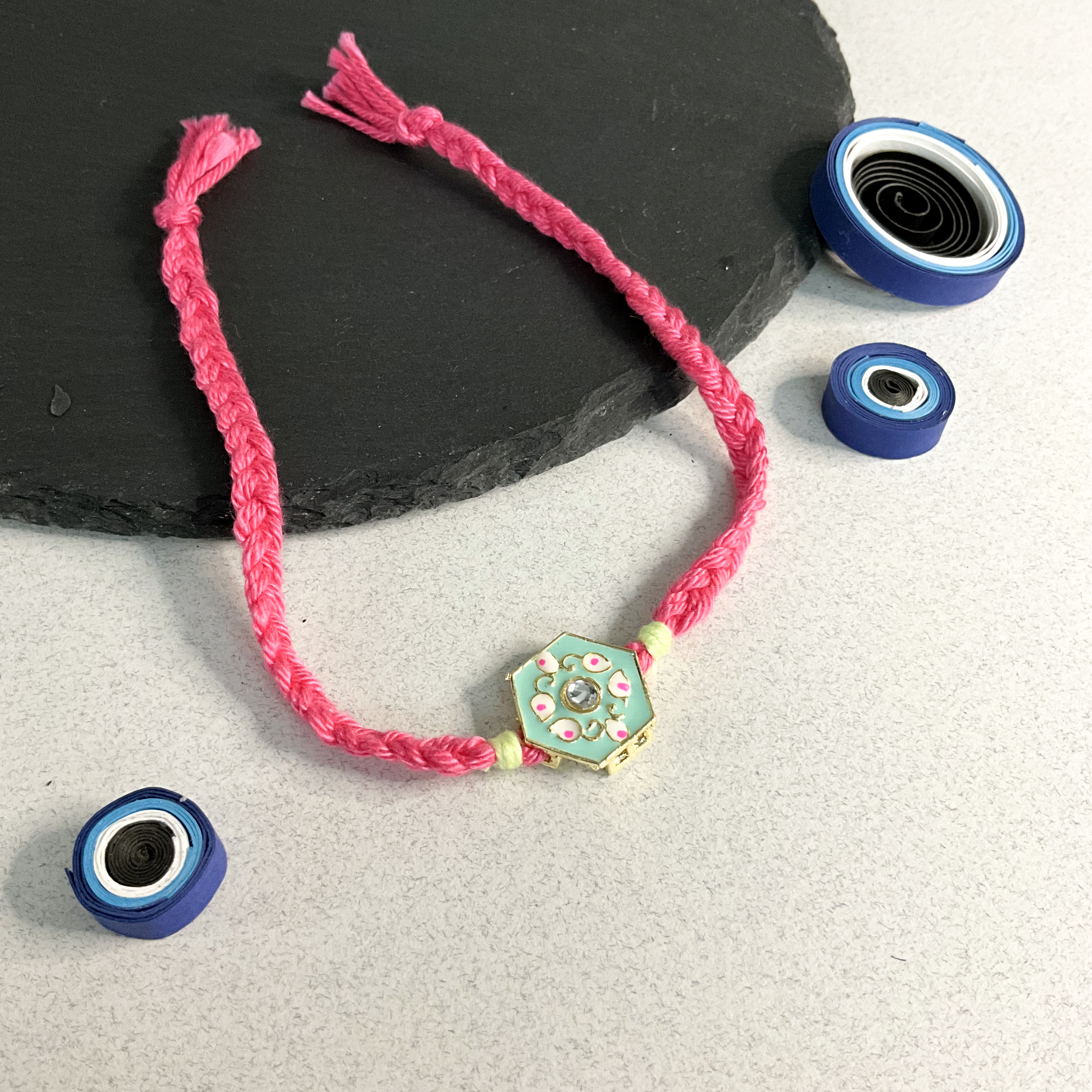 Sea Blue Braided Kundan Rakhi