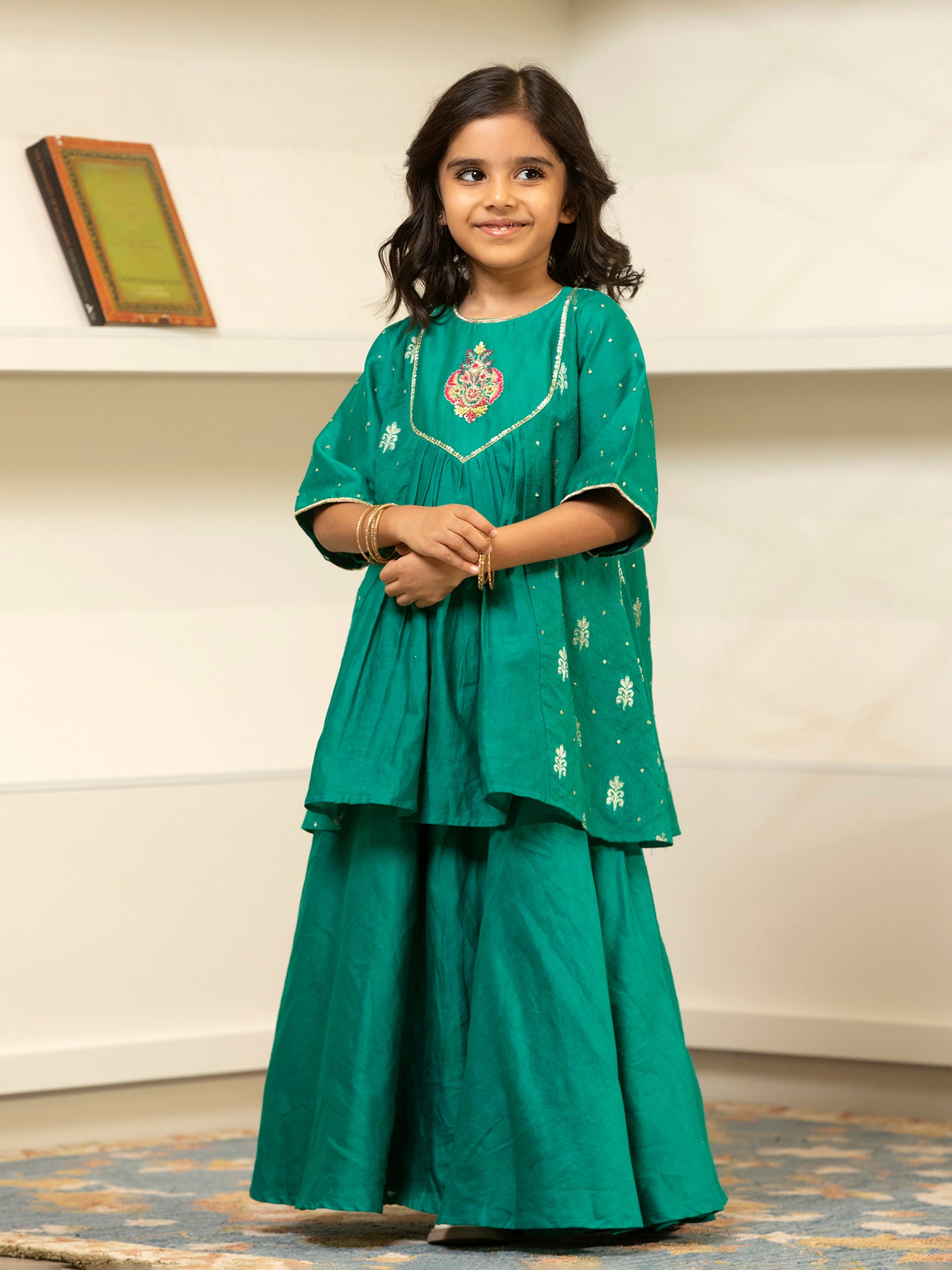 Green Chanderi Lehenga Set with Embroidery work - Girls