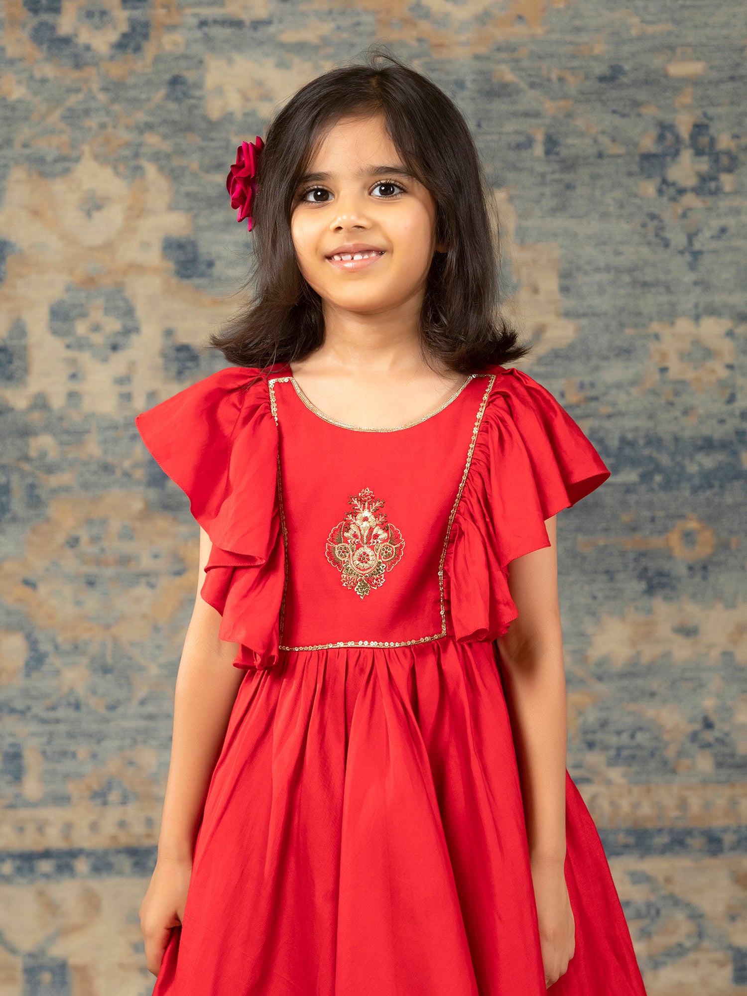 Red Glaze Cotton Gown with Embroidery yolk - Girls