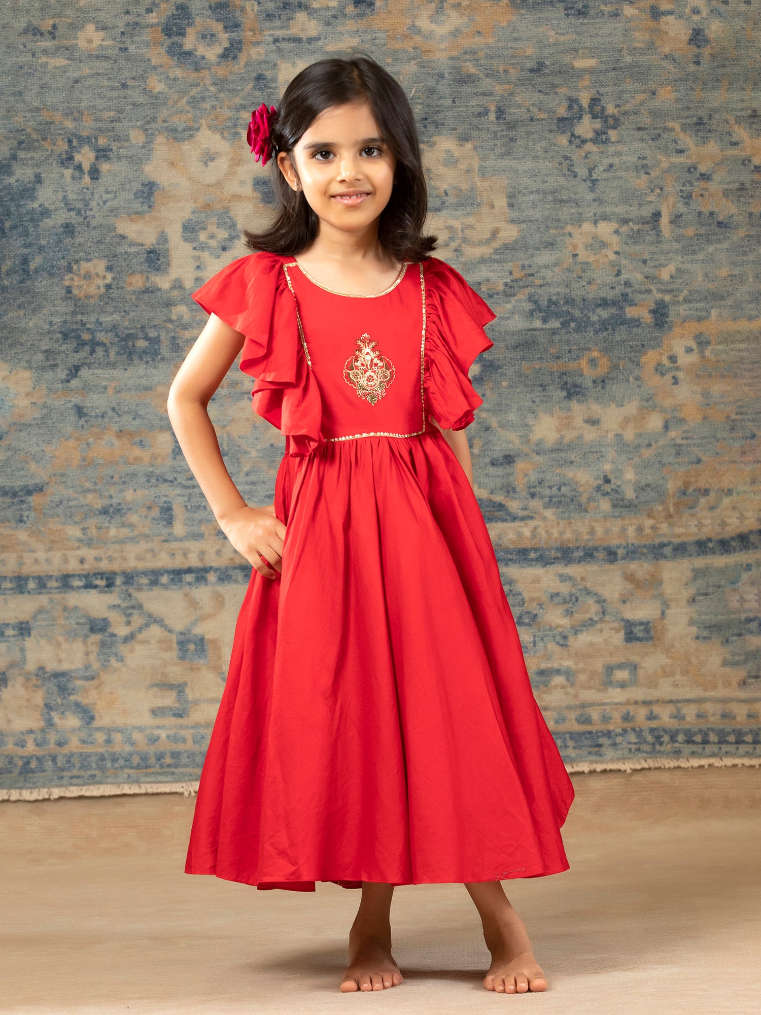 Red Glaze Cotton Gown with Embroidery yolk - Girls