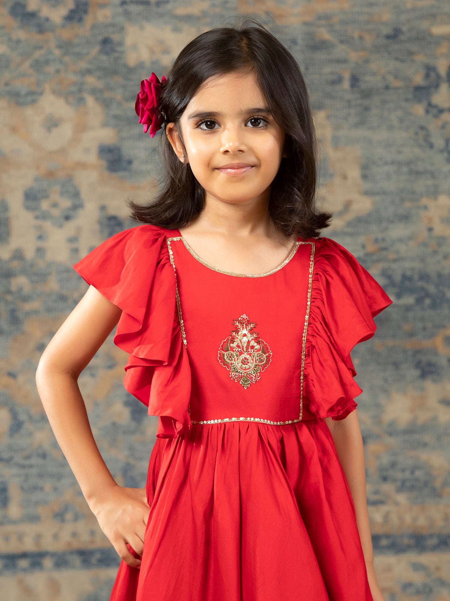 Red Glaze Cotton Gown with Embroidery yolk - Girls