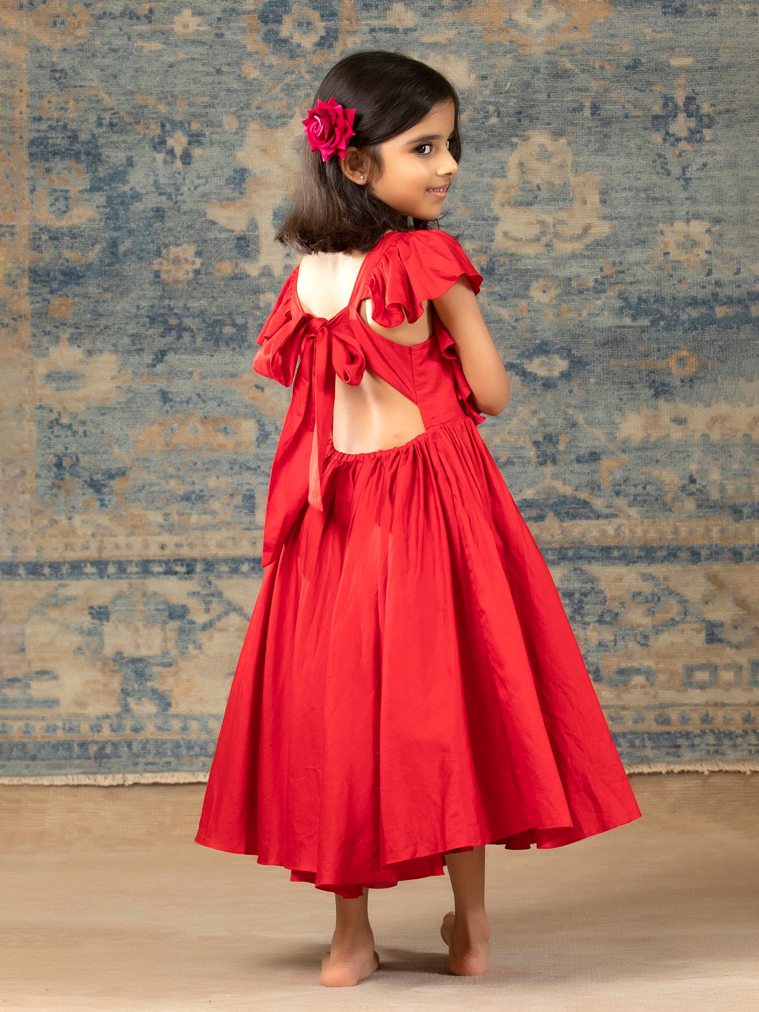 Red Glaze Cotton Gown with Embroidery yolk - Girls