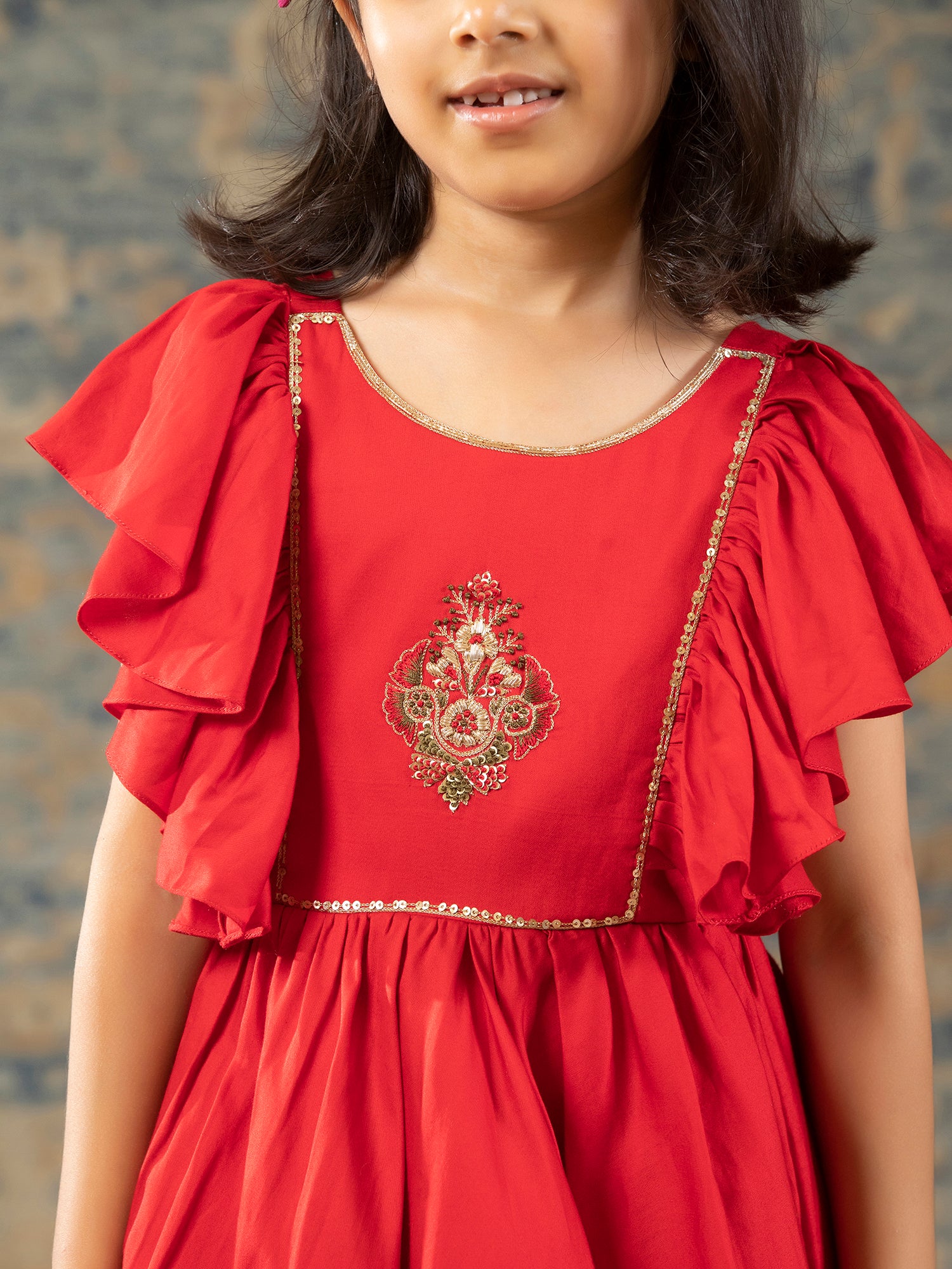 Red Glaze Cotton Gown with Embroidery yolk - Girls