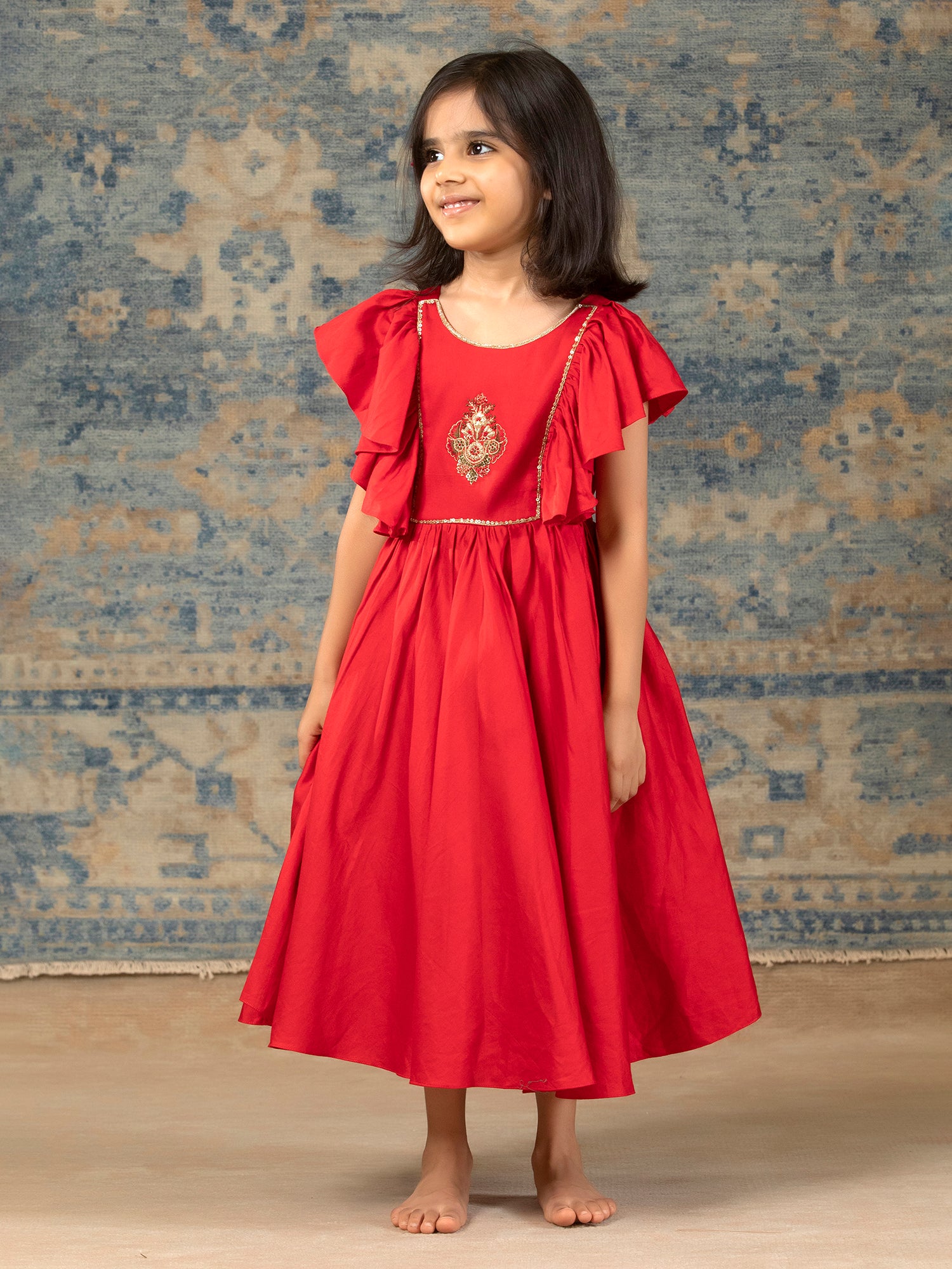 Red Glaze Cotton Gown with Embroidery yolk - Girls