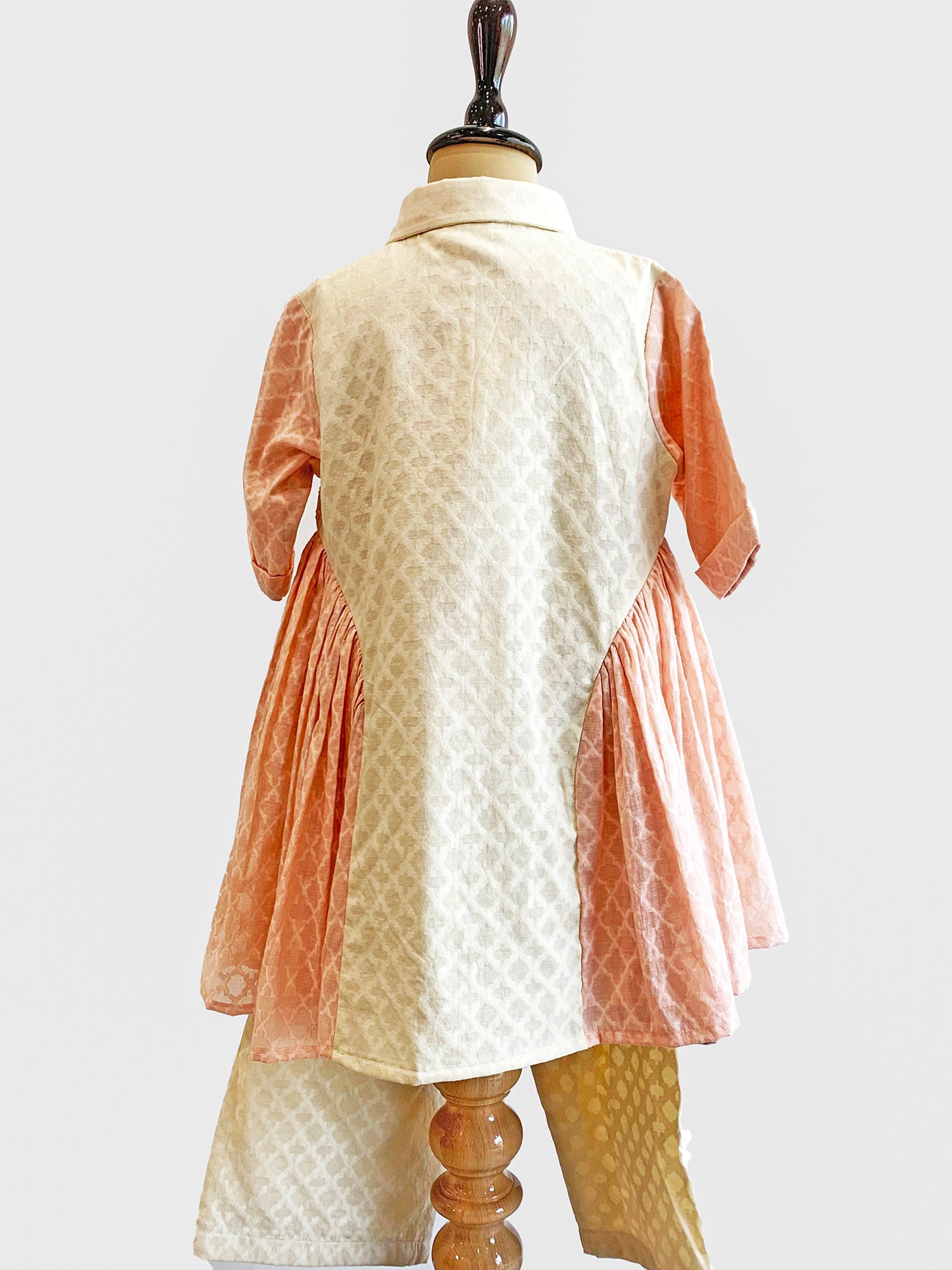 Cream Embroidered Gather Kurta Set - Girls