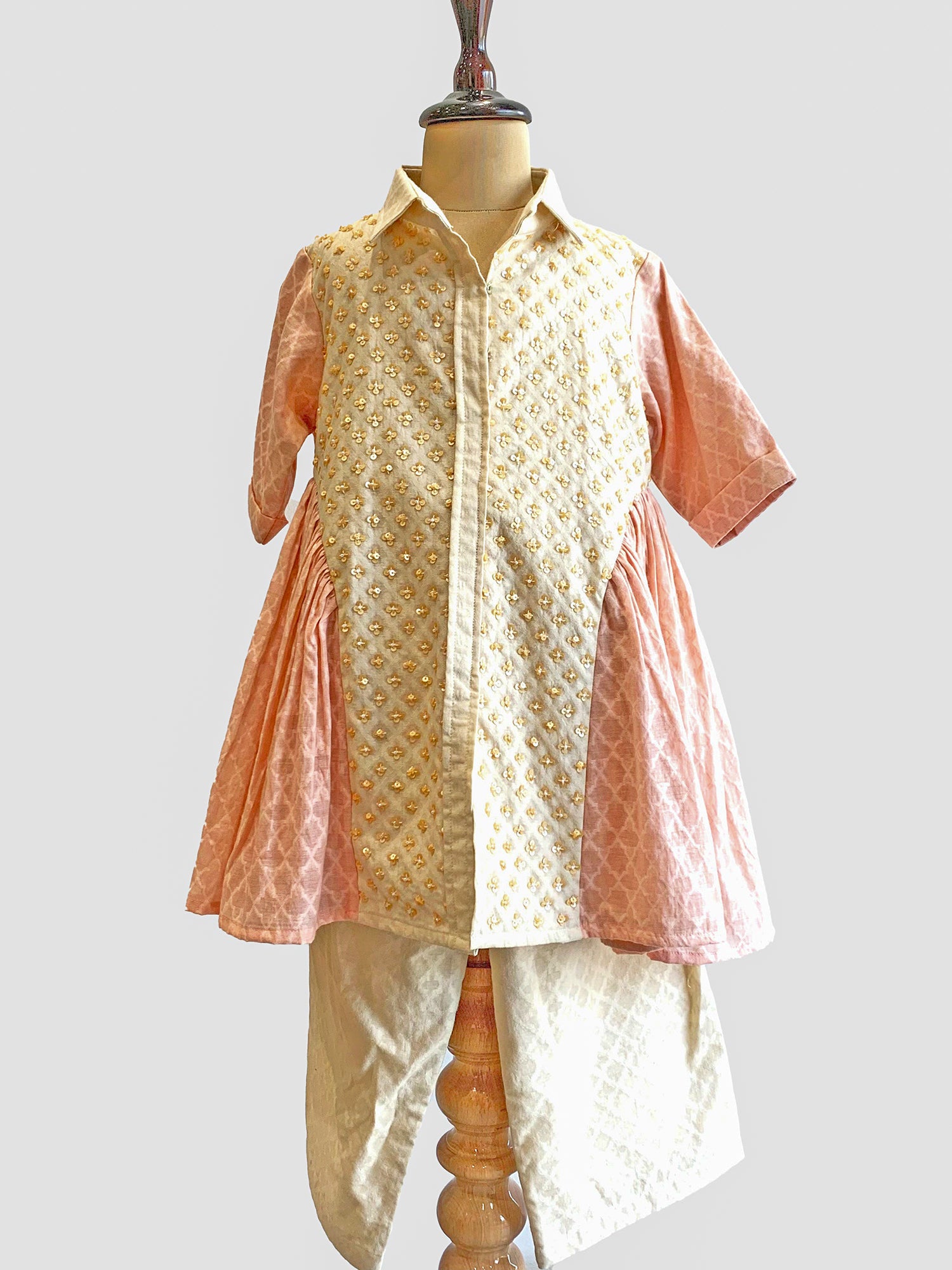 Cream Embroidered Gather Kurta Set - Girls