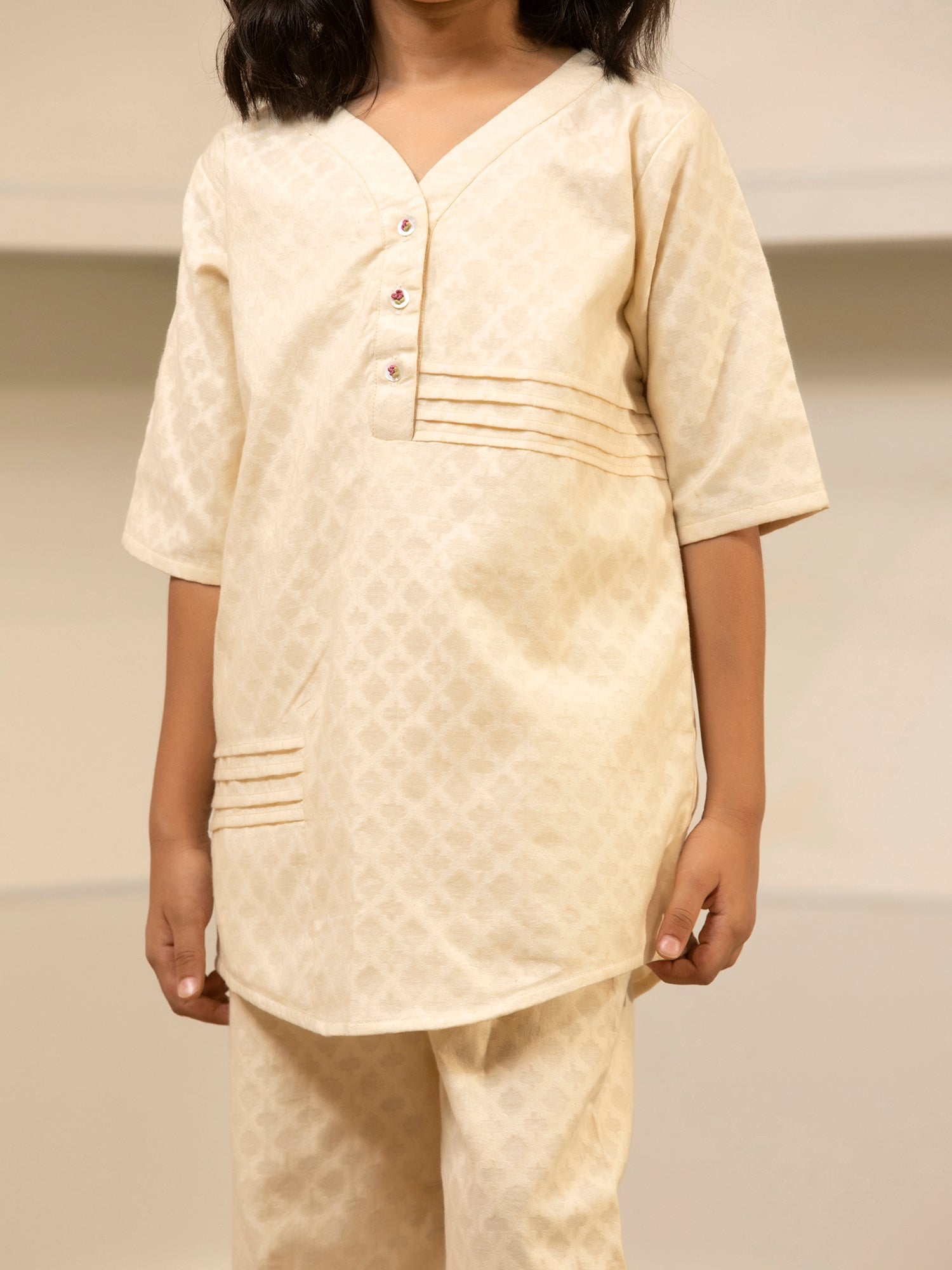 Cream Cotton Beige Kurta Set - Unisex