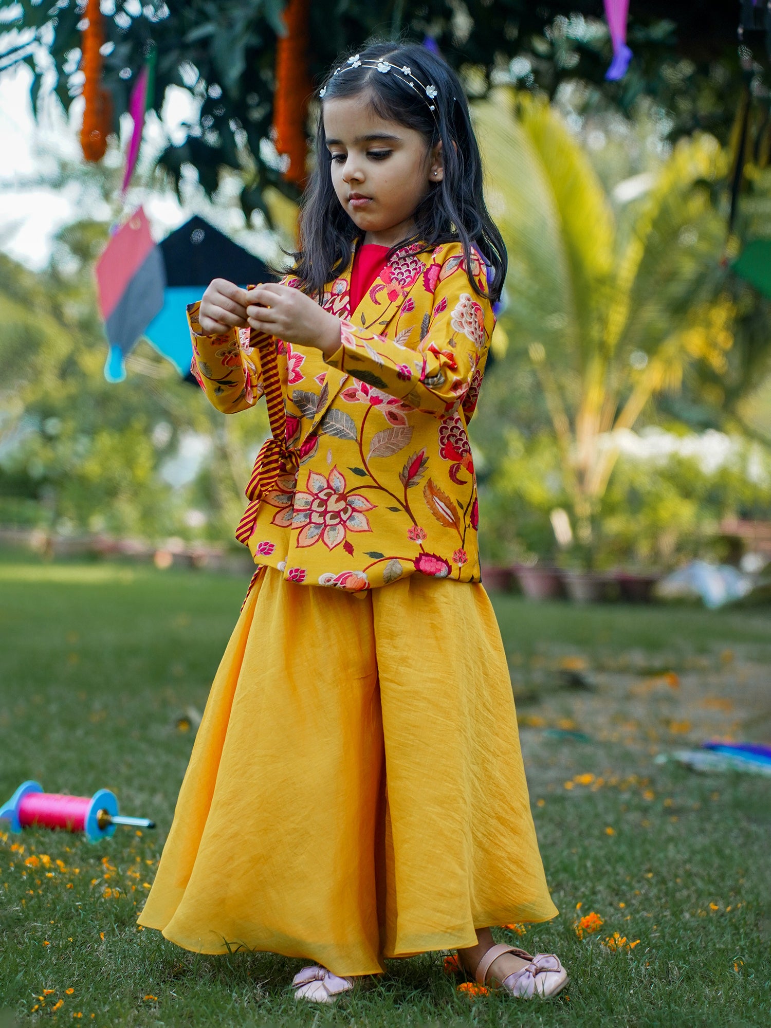 Yellow Printed Side Knot Jacket with Palazzo and Inner - Girls