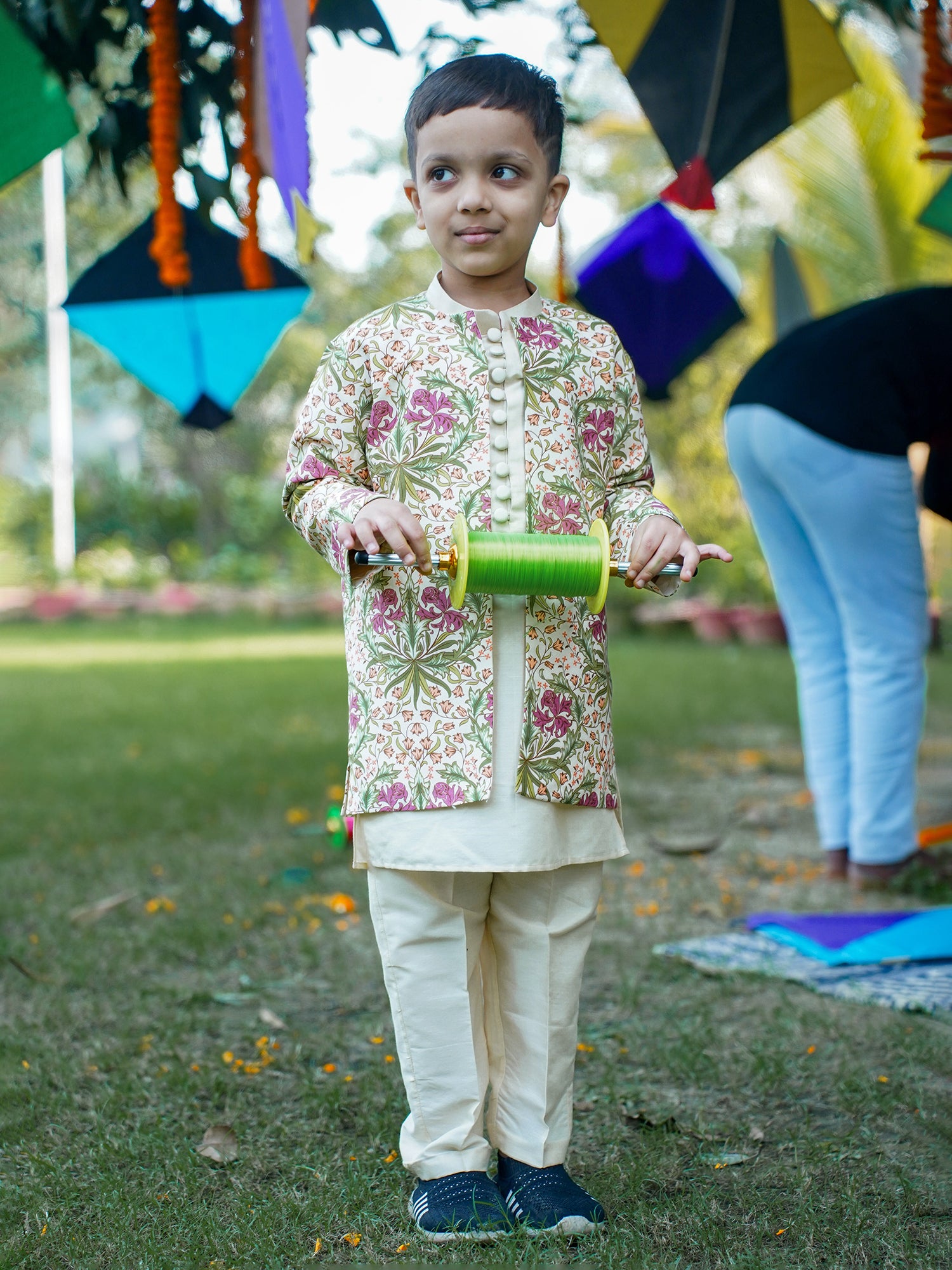 Printed Long Jacket Kurta Pant Set for Boys - Cream