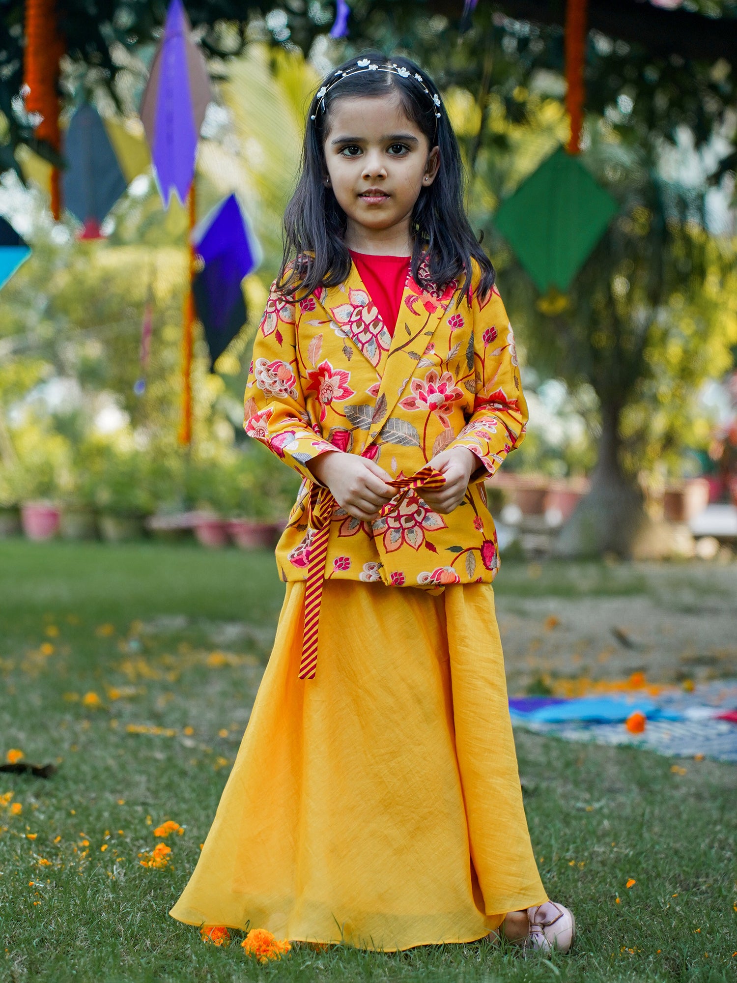 Yellow Printed Side Knot Jacket with Palazzo and Inner - Girls