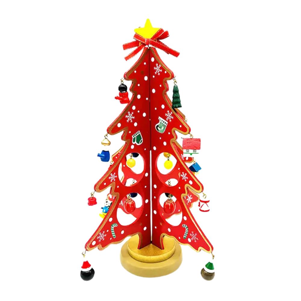 Wooden DIY 3D Winter Wonderland Tabletop Tree With 20 Ornaments - Red