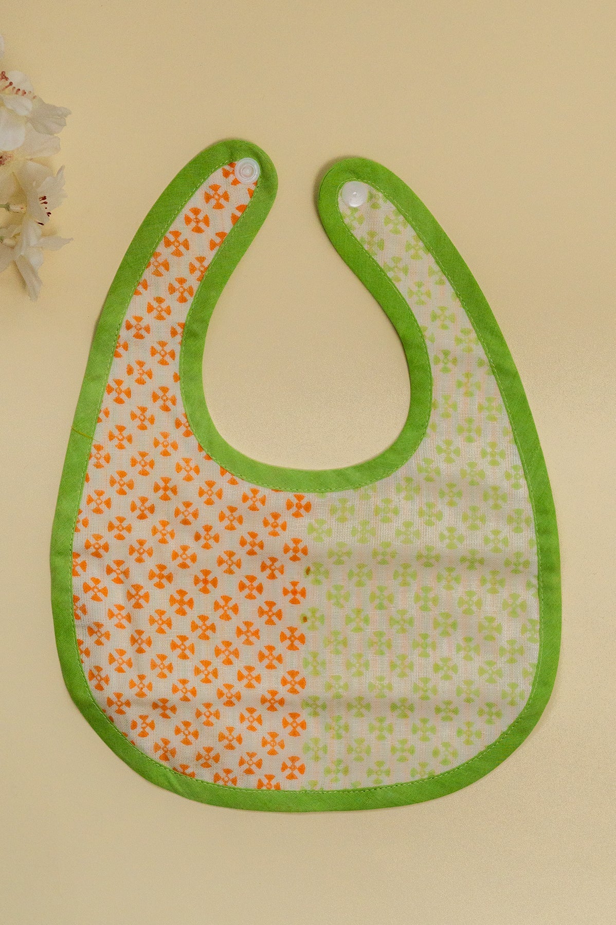 Orange & Green Geometric Cotton Reversible Bib