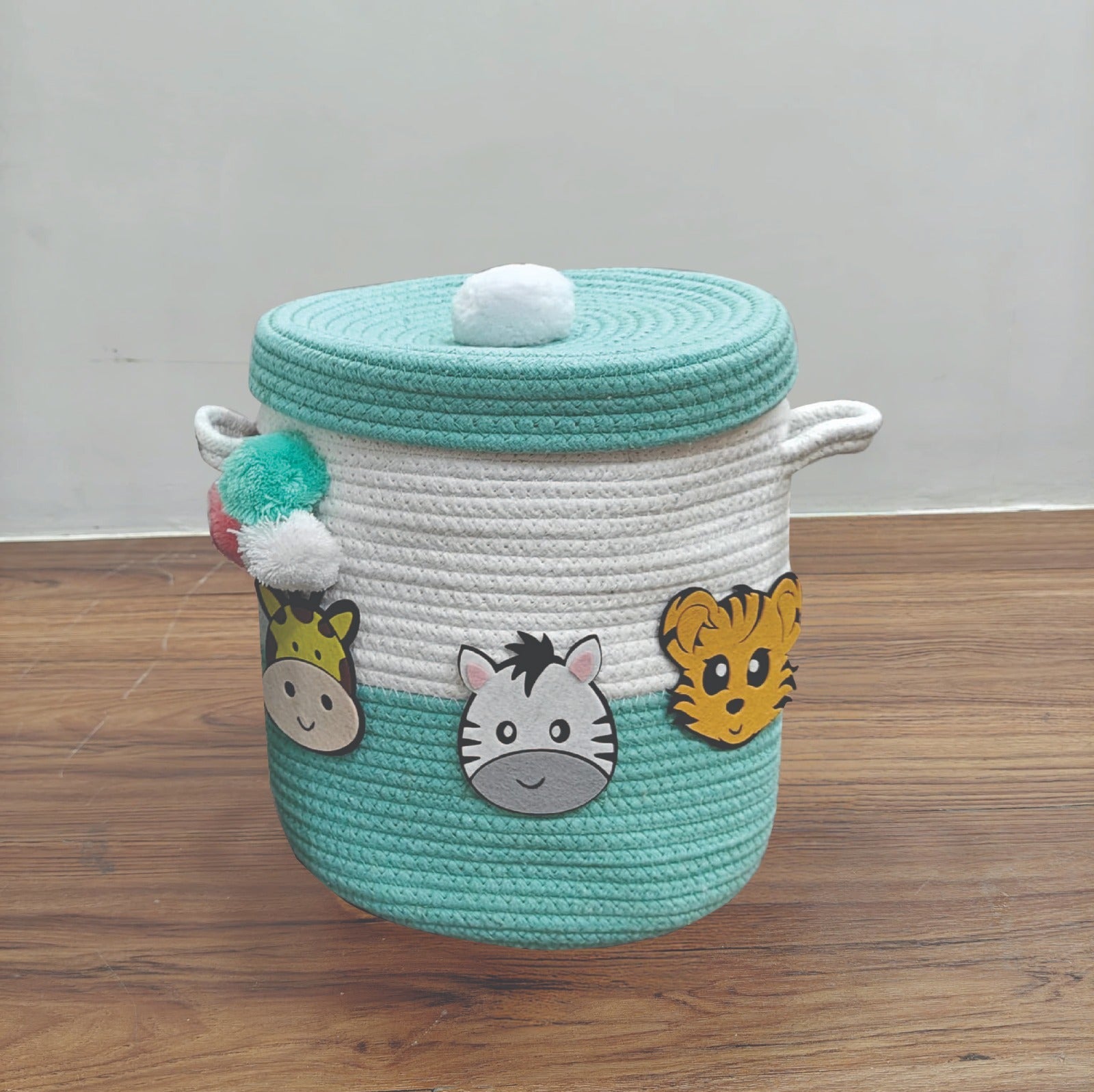 Jute Cotton Storage Basket with Lid  - Teal & Wild