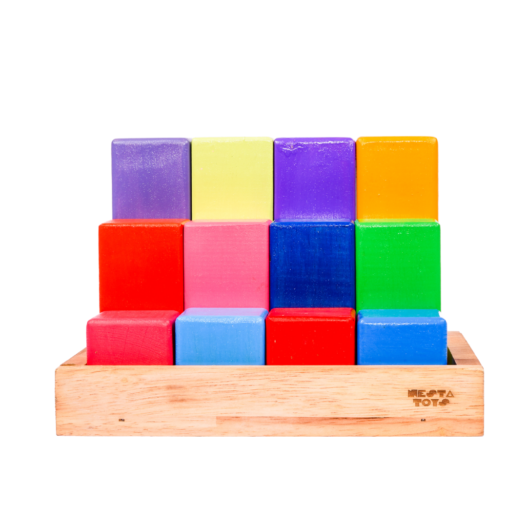 Wooden Building Blocks with Tray | Stacking Rainbow Toy (12 Pcs) - Totdot