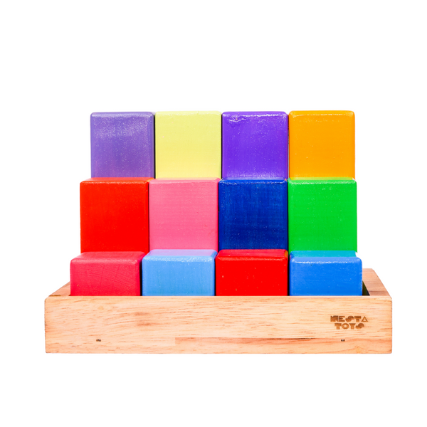 Wooden Building Blocks with Tray | Stacking Rainbow Toy (12 Pcs)