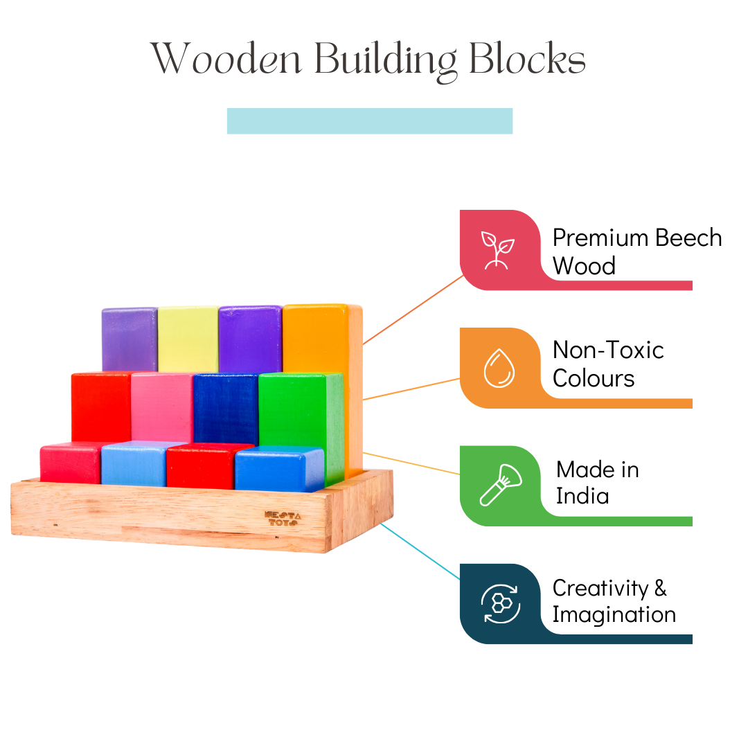 Wooden Building Blocks with Tray | Stacking Rainbow Toy (12 Pcs) - Totdot