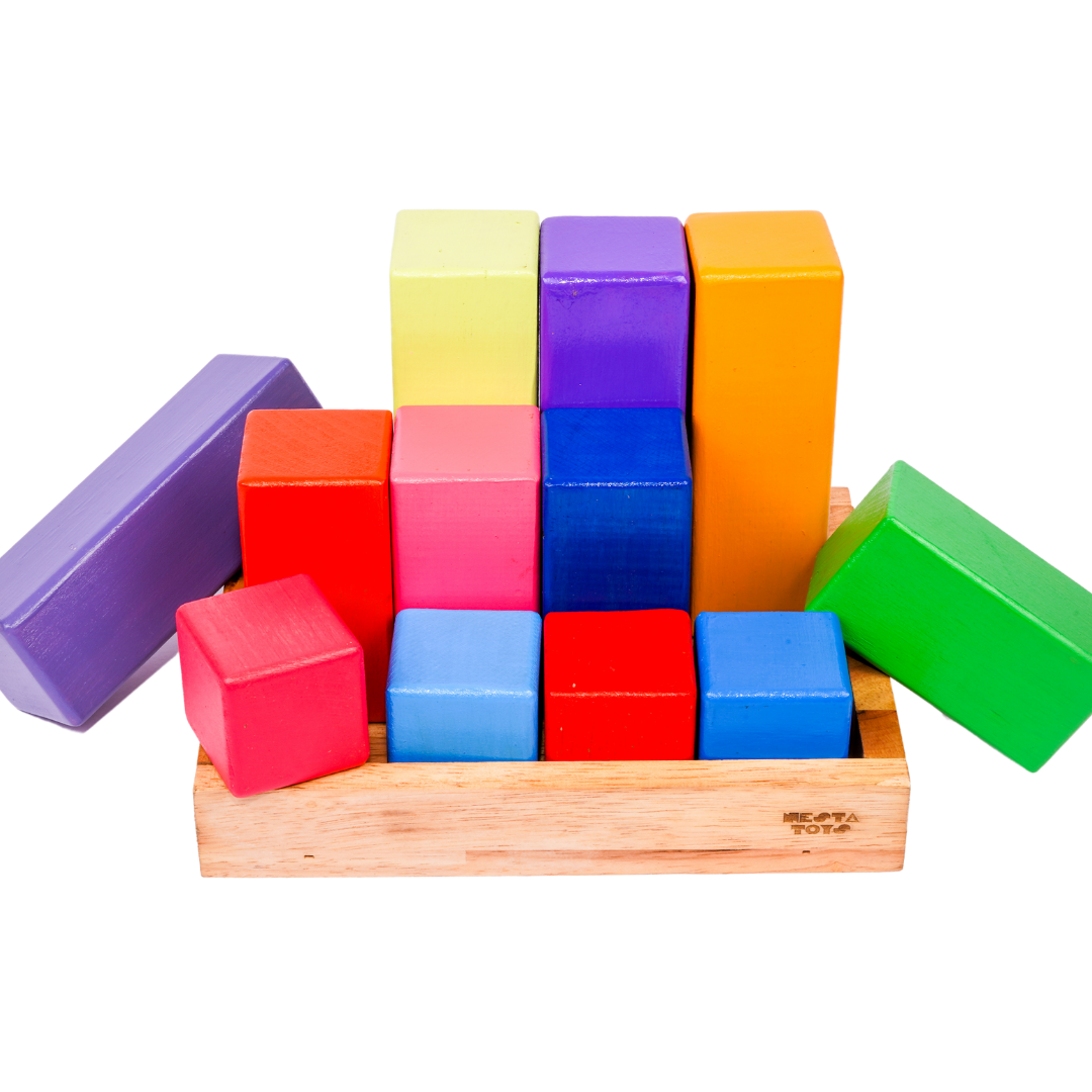 Wooden Building Blocks with Tray | Stacking Rainbow Toy (12 Pcs) - Totdot