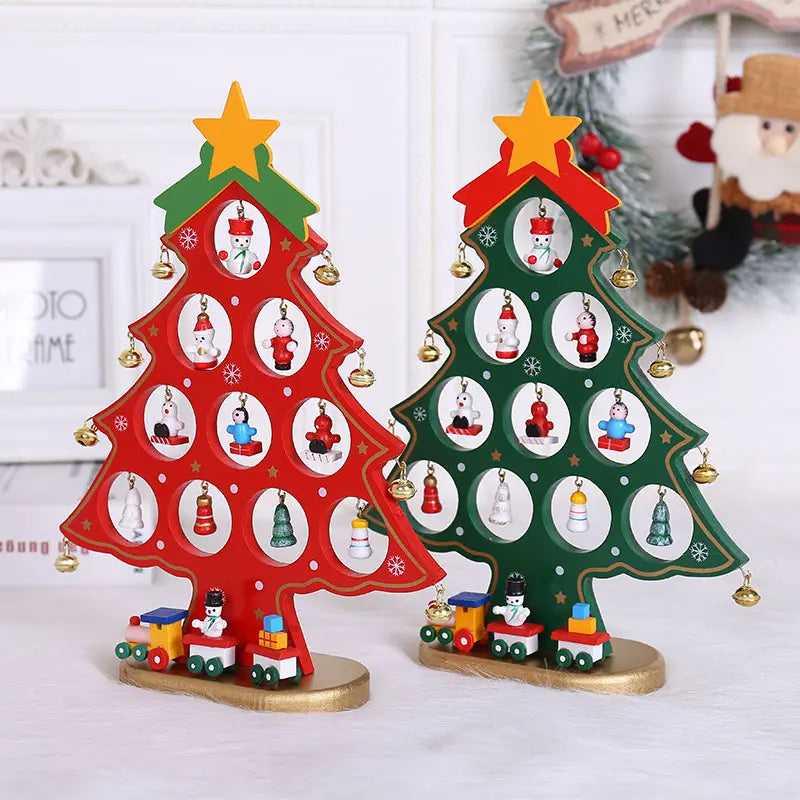 Wooden DIY Merry Mistletoe Tabletop Tree With 21 Ornaments - Set of Two