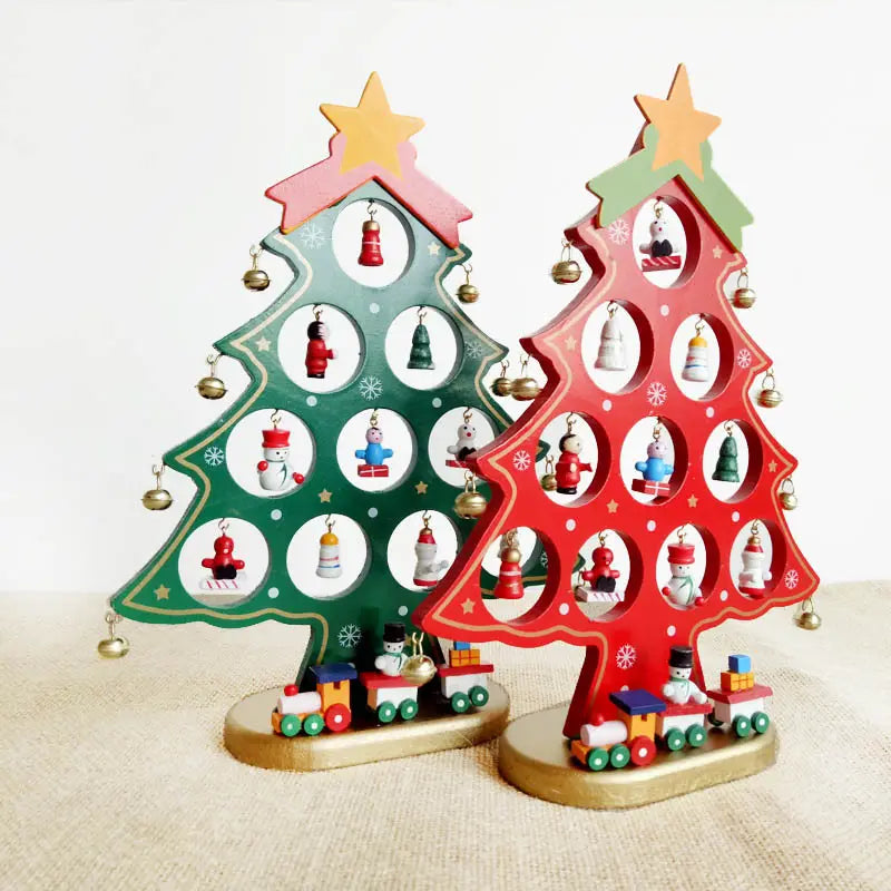 Wooden DIY Merry Mistletoe Tabletop Tree With 21 Ornaments - Set of Two