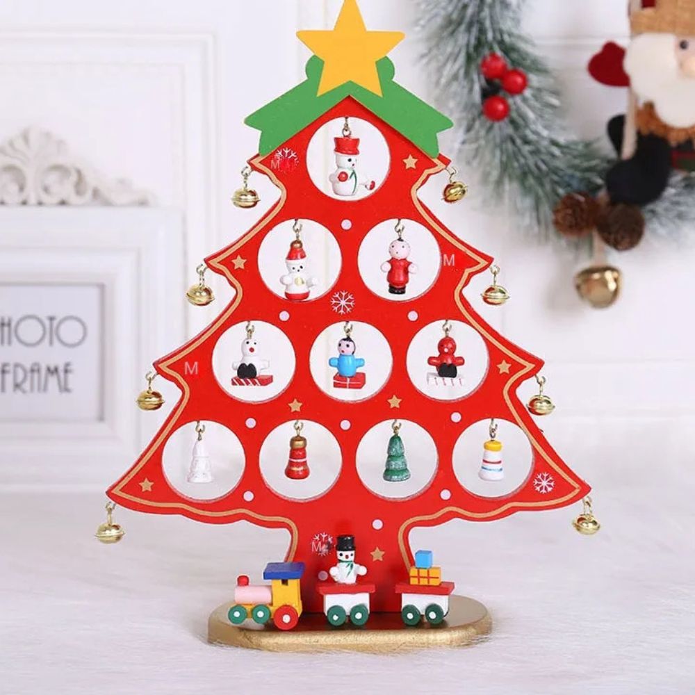 Wooden DIY Merry Mistletoe Tabletop Tree With 21 Ornaments - Red