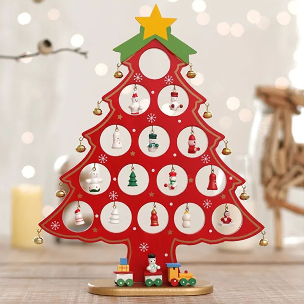 Wooden DIY Merry Mistletoe Tabletop Tree With 21 Ornaments - Red