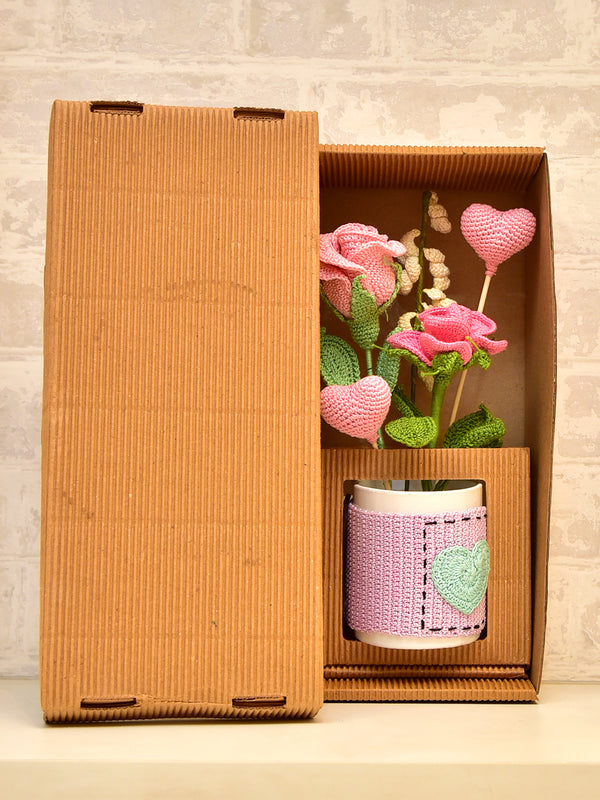 Blooms of Affection : Crochet Rose & Heart Mug Bouquet
