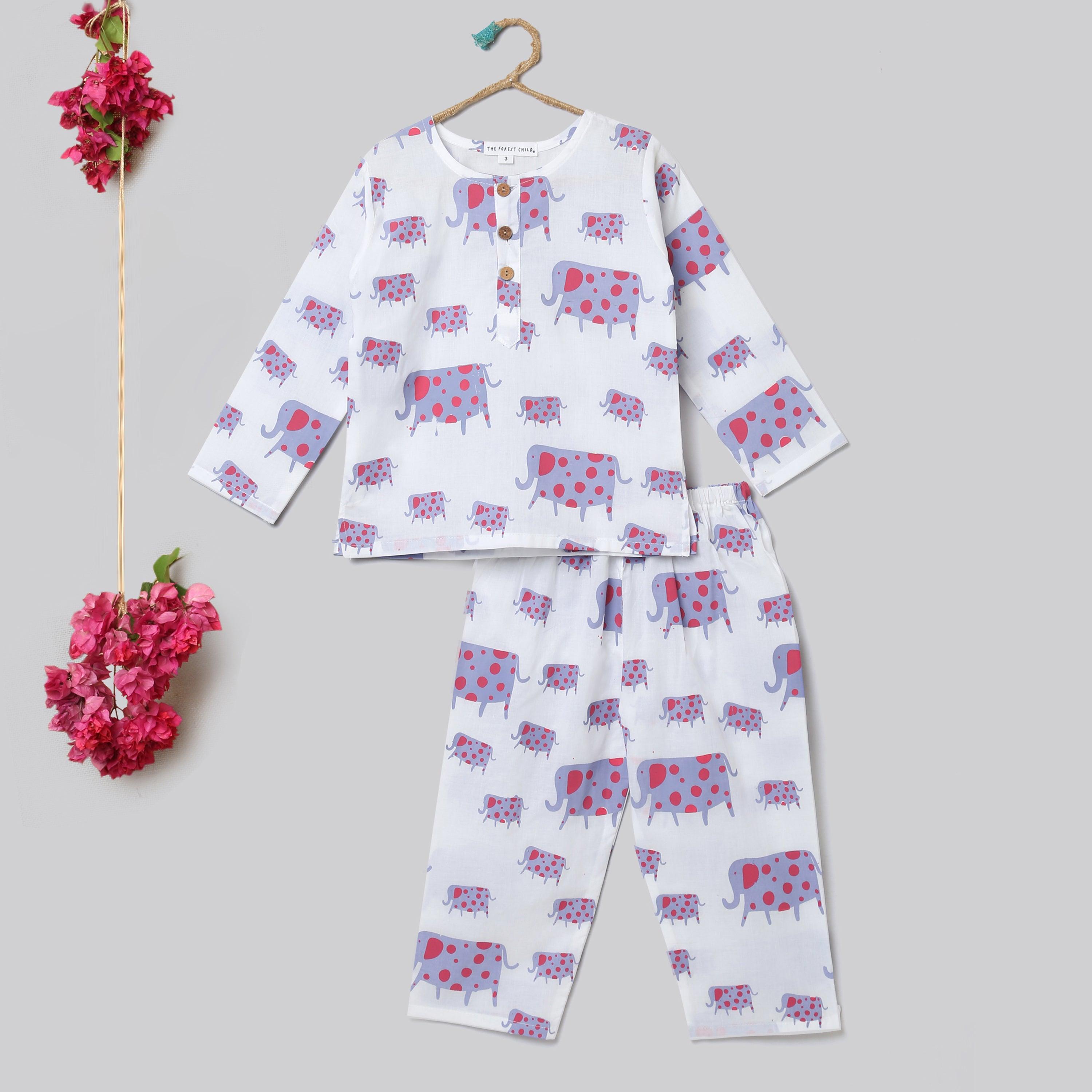 A Parade of Elephants Kurta Pyjama Set in Mauve - Totdot