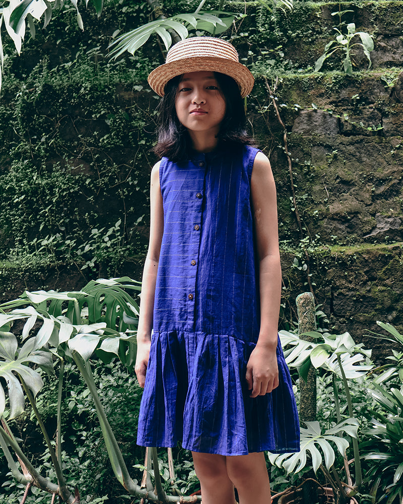 Pitter Patter High Low Lined Dress In Blue Stripes In Handwoven Cotton