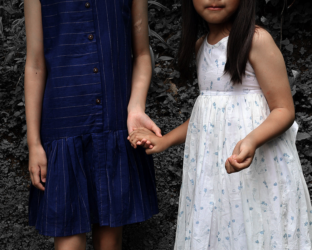 Bloom White Floral Hand Block Print Halter Neck Girls Mal Dress