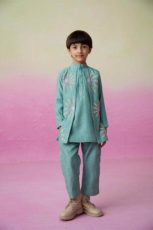 Astronaut Dreamer- Mint Hand Embroidered Kurta & Pants Set for Boys - Totdot