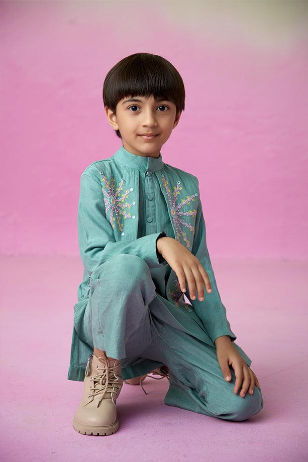 Astronaut Dreamer- Mint Hand Embroidered Kurta & Pants Set for Boys - Totdot