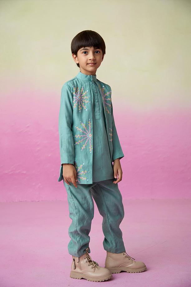 Astronaut Dreamer- Mint Hand Embroidered Kurta & Pants Set for Boys - Totdot