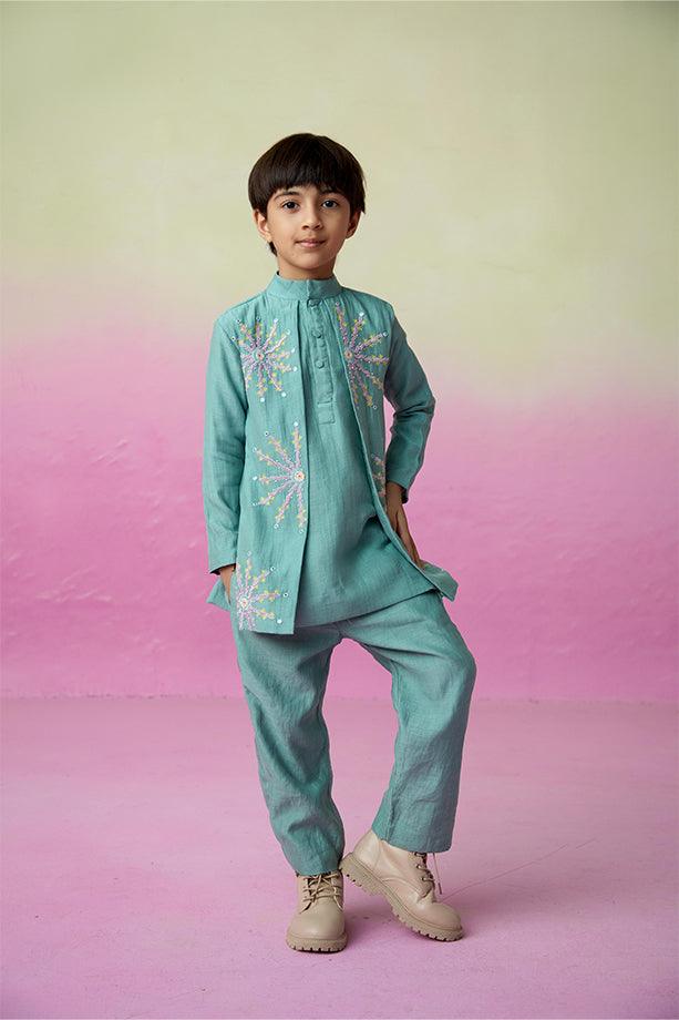 Astronaut Dreamer- Mint Hand Embroidered Kurta & Pants Set for Boys - Totdot