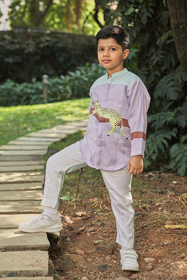 Lavender Short Shirt Kurta and Off-White and Mint Green Pants Set for Boys Little Shiro