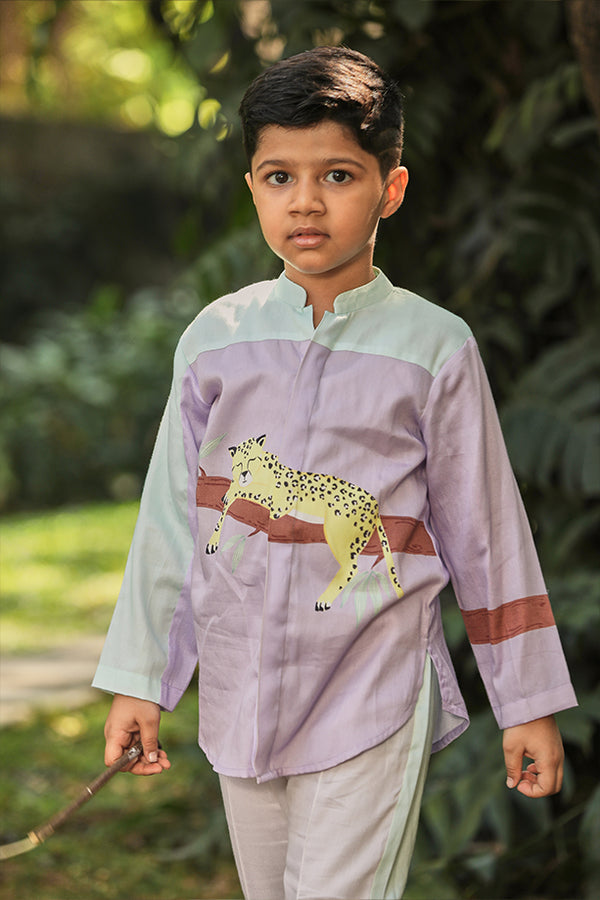 Lavender Short Shirt Kurta and Off-White and Mint Green Pants Set for Boys