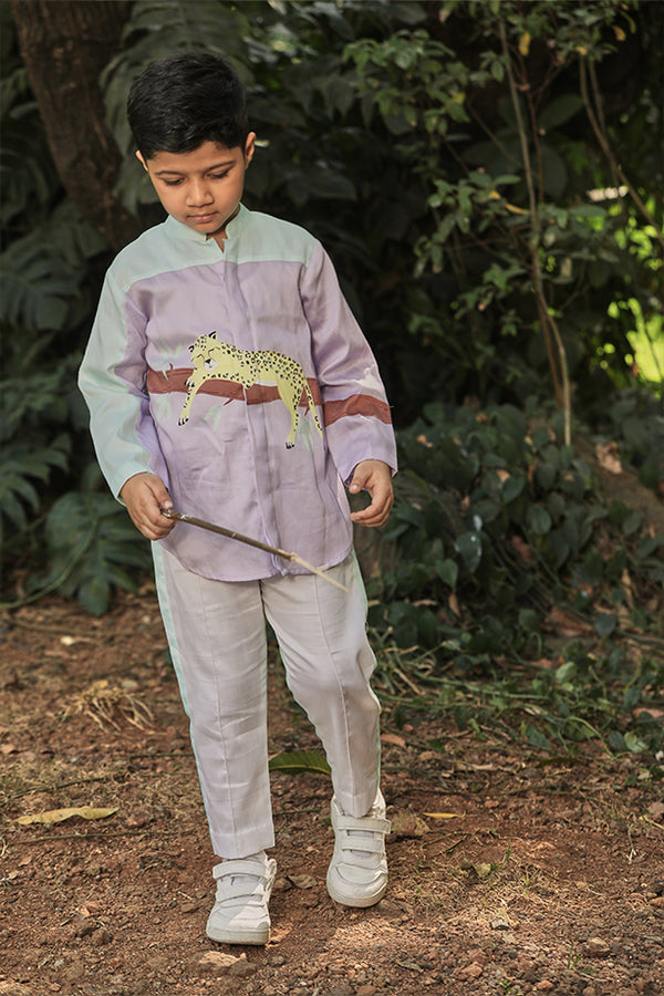 Lavender Short Shirt Kurta and Off-White and Mint Green Pants Set for Boys