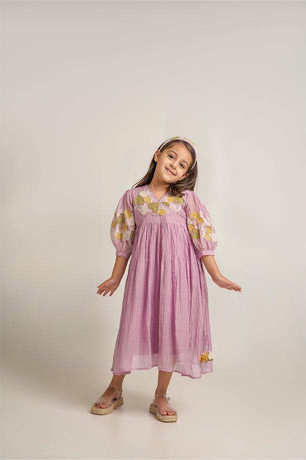 Baby Beluga- Lavender Chanderi Silk Hand Embroidered Puffed Sleeves Dress for Girls - Totdot