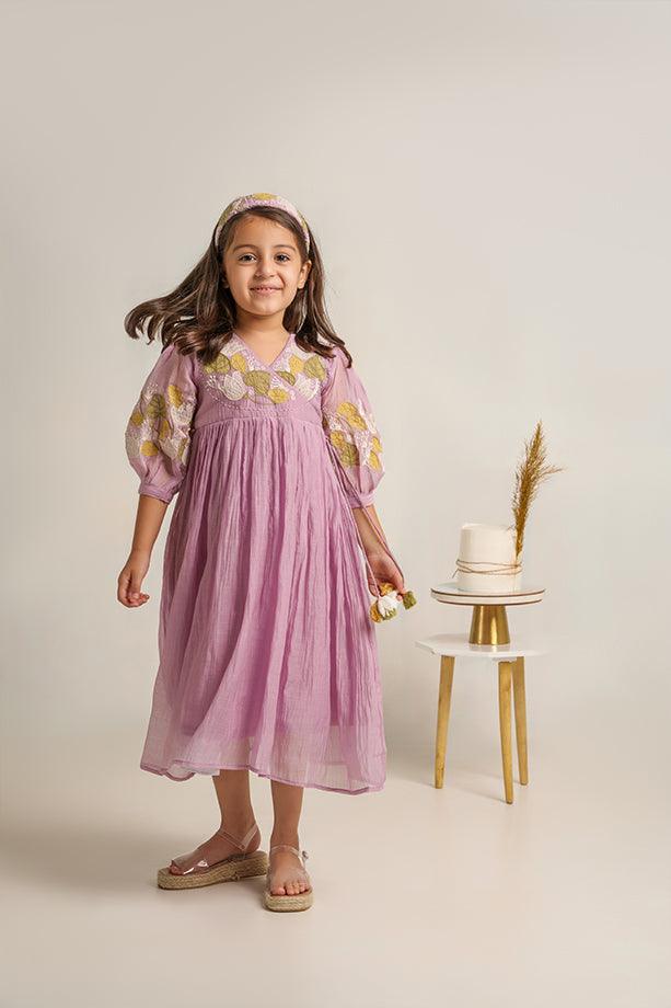 Baby Beluga- Lavender Chanderi Silk Hand Embroidered Puffed Sleeves Dress for Girls - Totdot